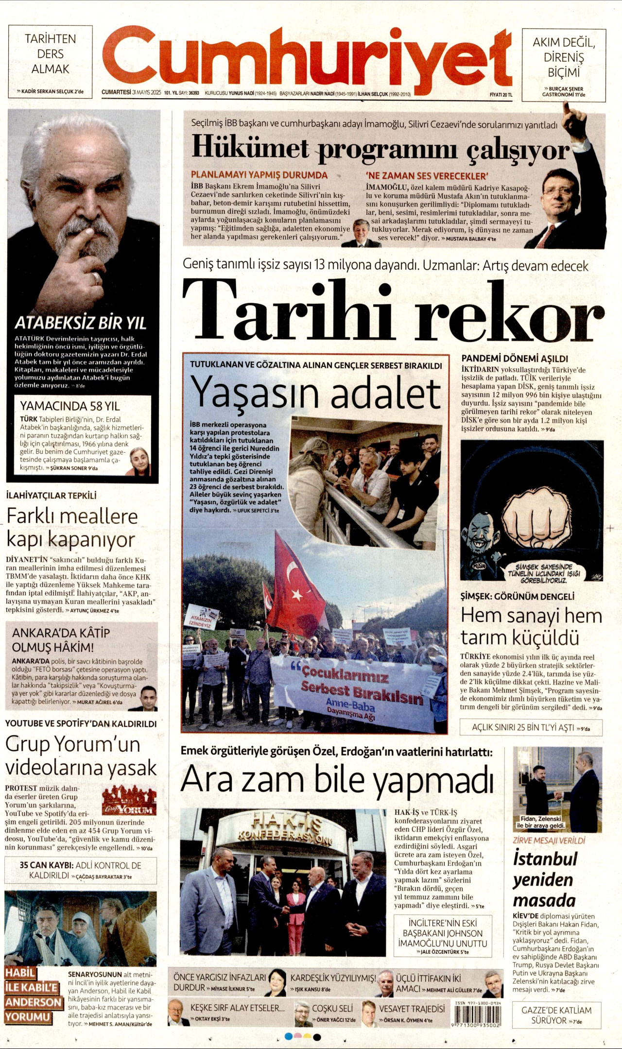 CUMHURİYET gazetesinin 31 Mayıs 2025 tarihli birinci sayfası