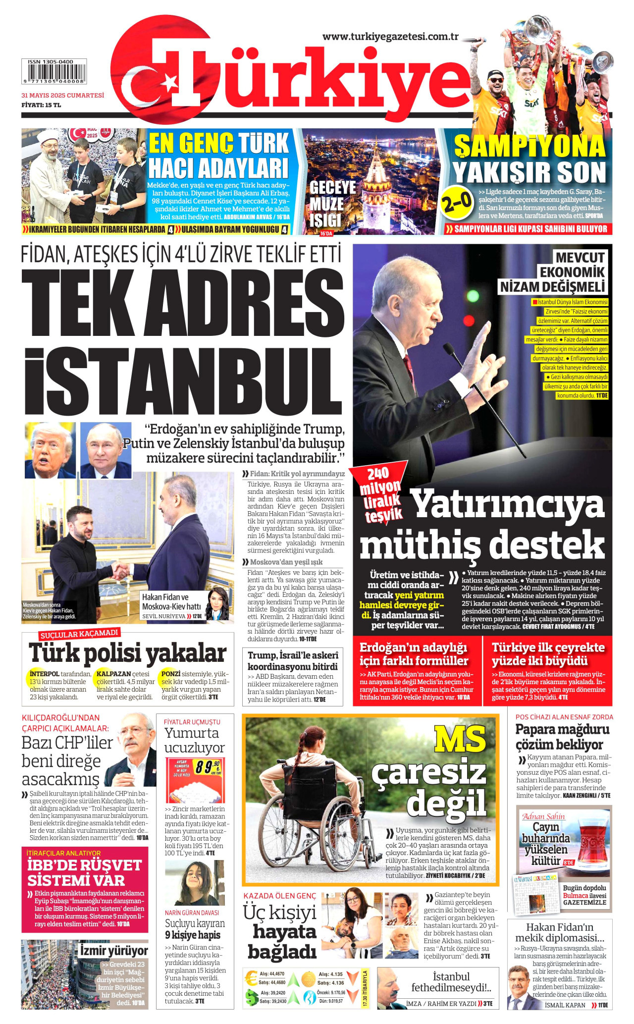 TÜRKİYE GAZETESİ gazetesinin 31 Mayıs 2025 tarihli birinci sayfası