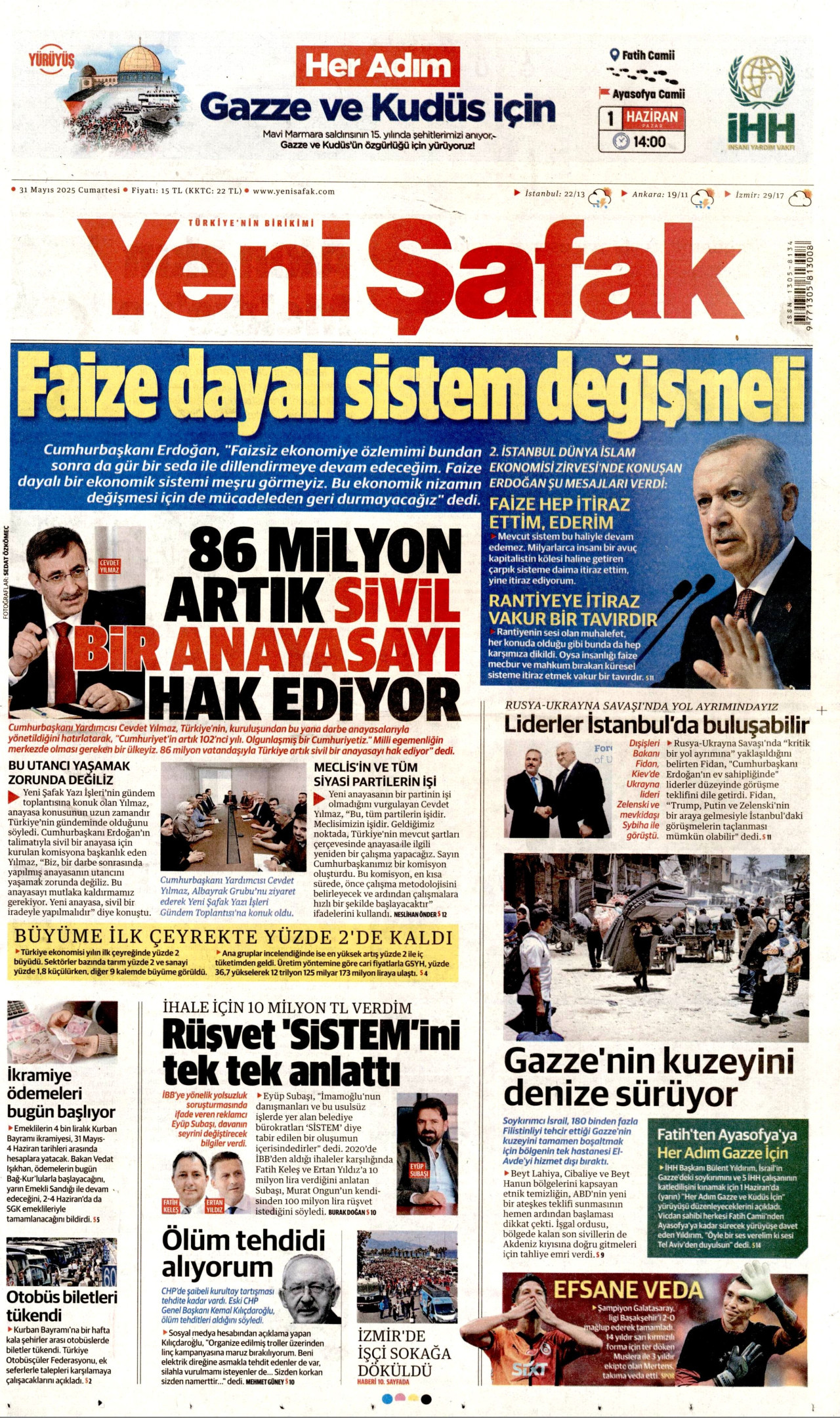 YENİ ŞAFAK gazetesinin 31 Mayıs 2025 tarihli birinci sayfası