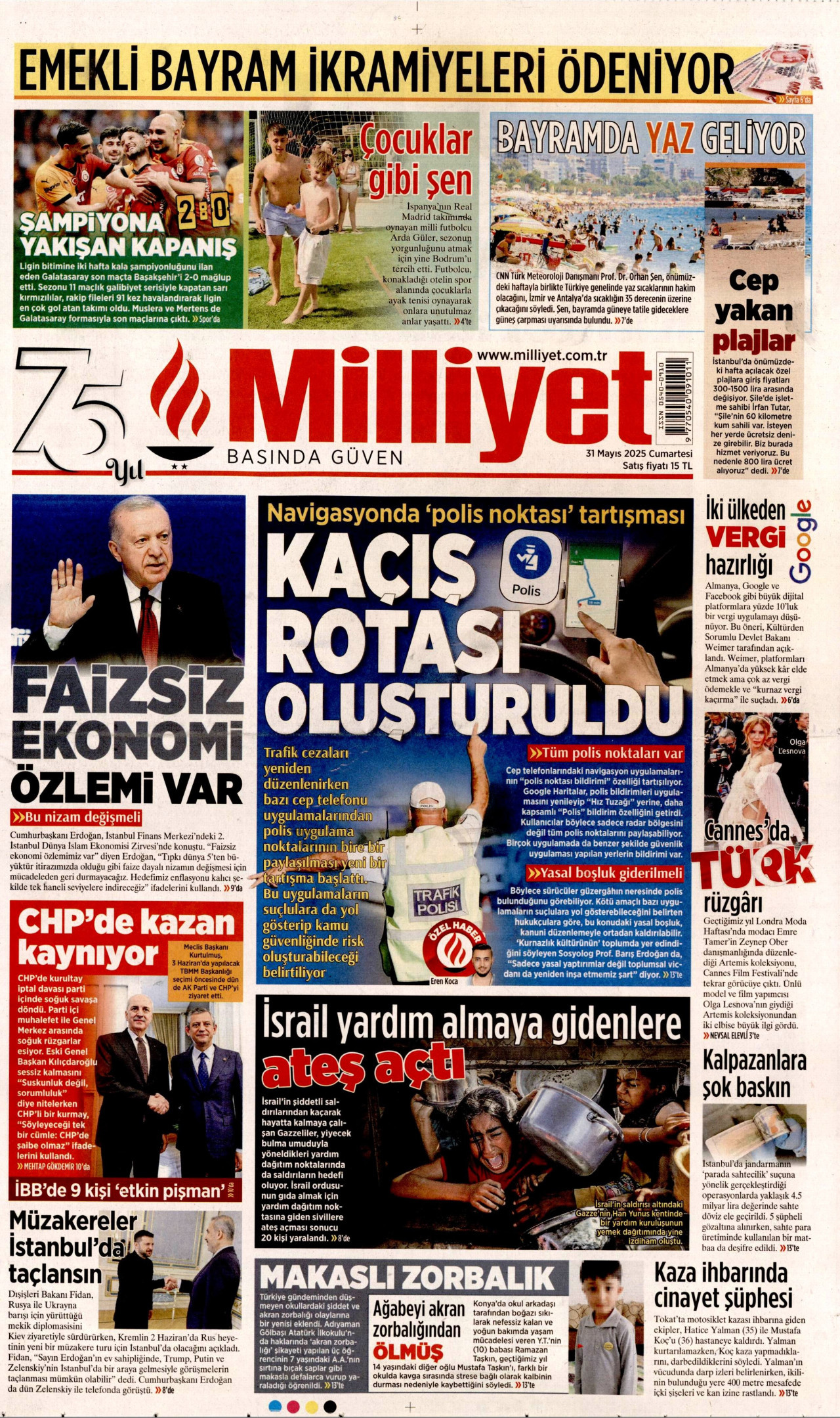 MİLLİYET gazetesinin 31 Mayıs 2025 tarihli birinci sayfası