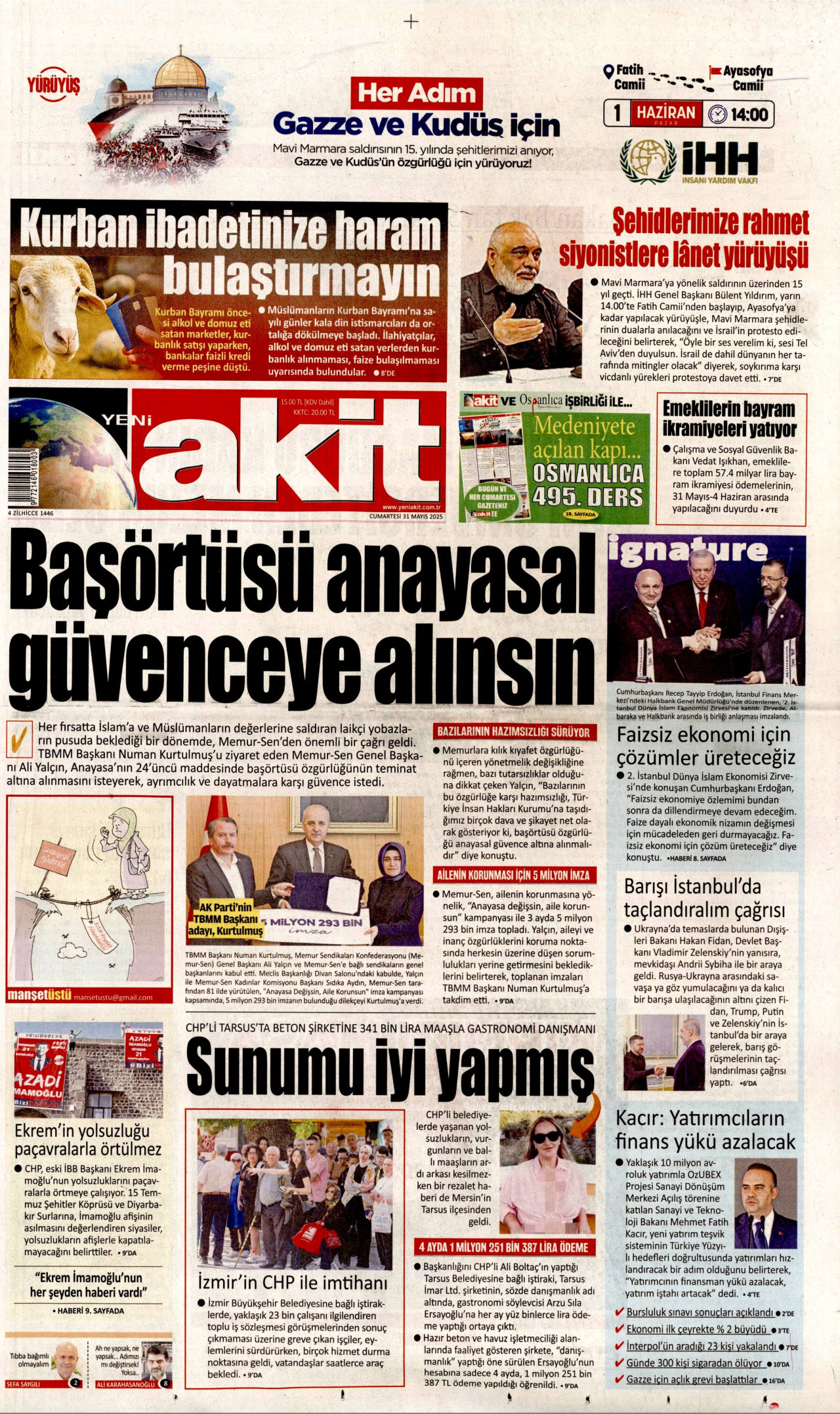 YENİ AKİT gazetesinin 31 Mayıs 2025 tarihli birinci sayfası