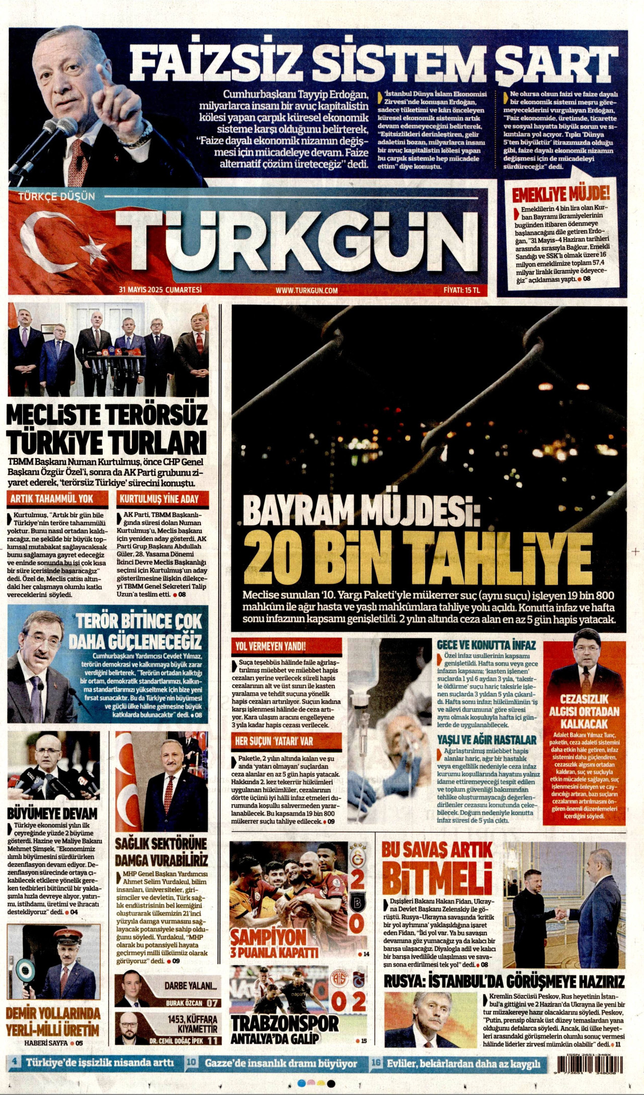 TÜRKGÜN gazetesinin 31 Mayıs 2025 tarihli birinci sayfası