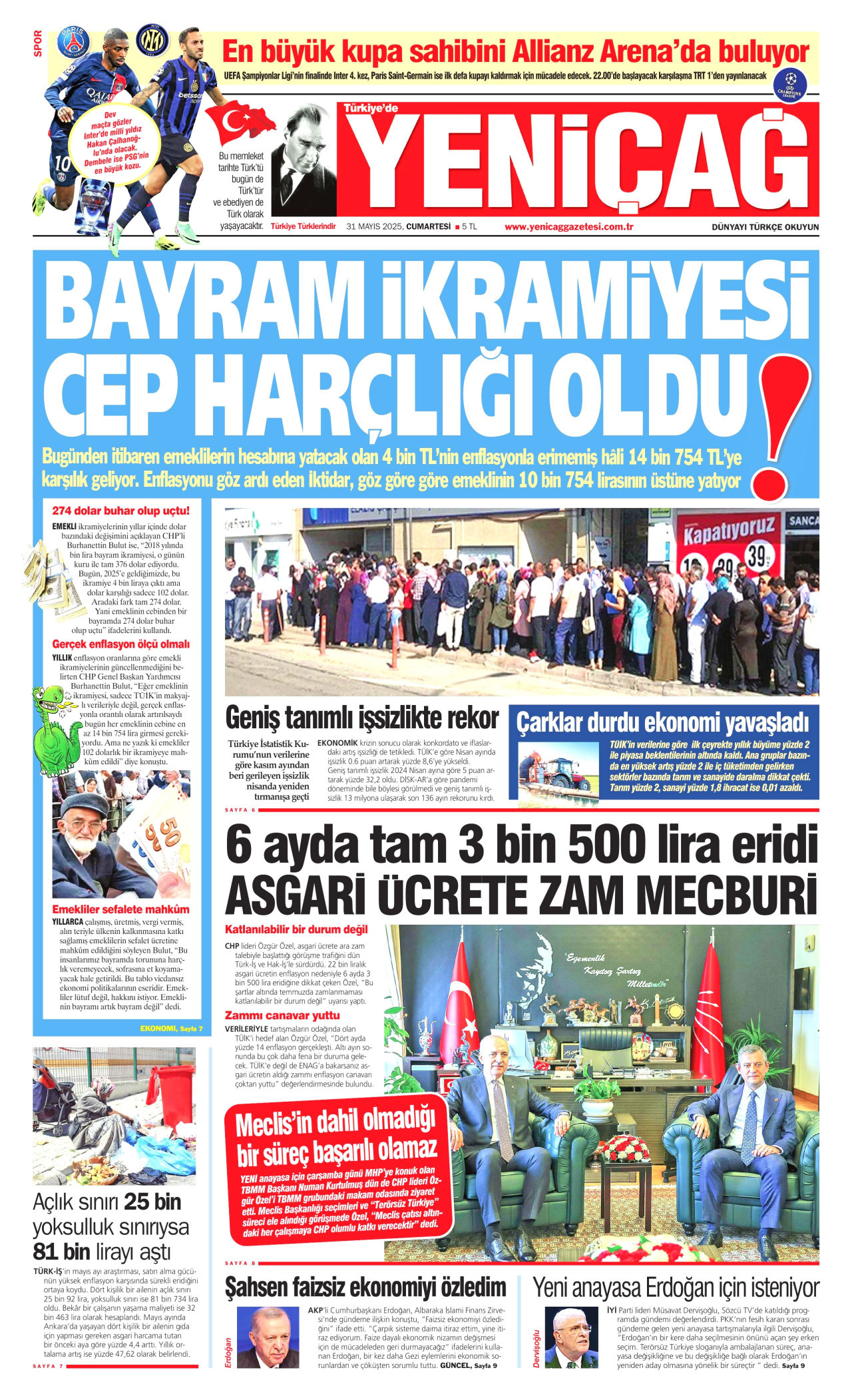 YENİÇAĞ gazetesinin 31 Mayıs 2025 tarihli birinci sayfası
