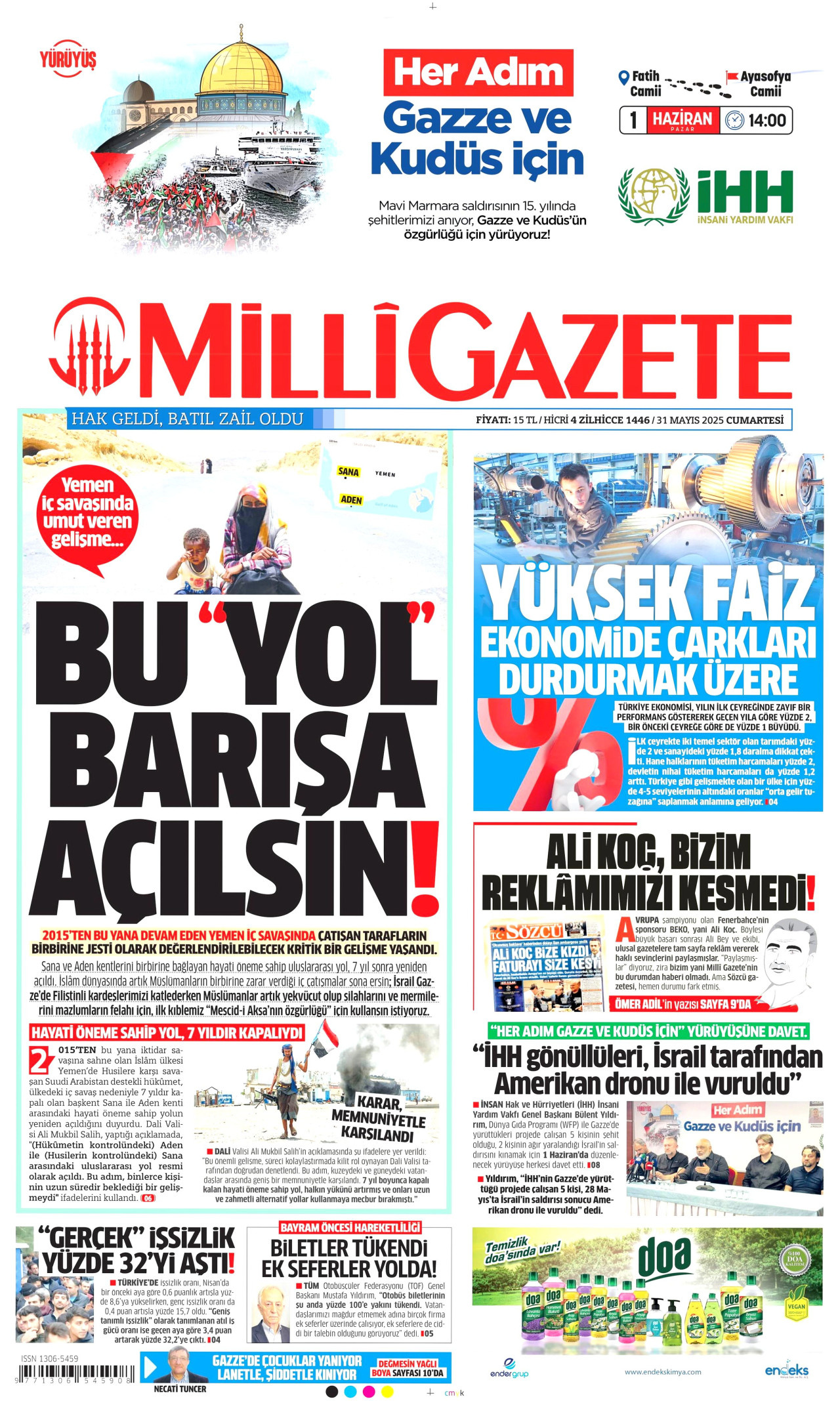 MİLLİ GAZETE gazetesinin 31 Mayıs 2025 tarihli birinci sayfası