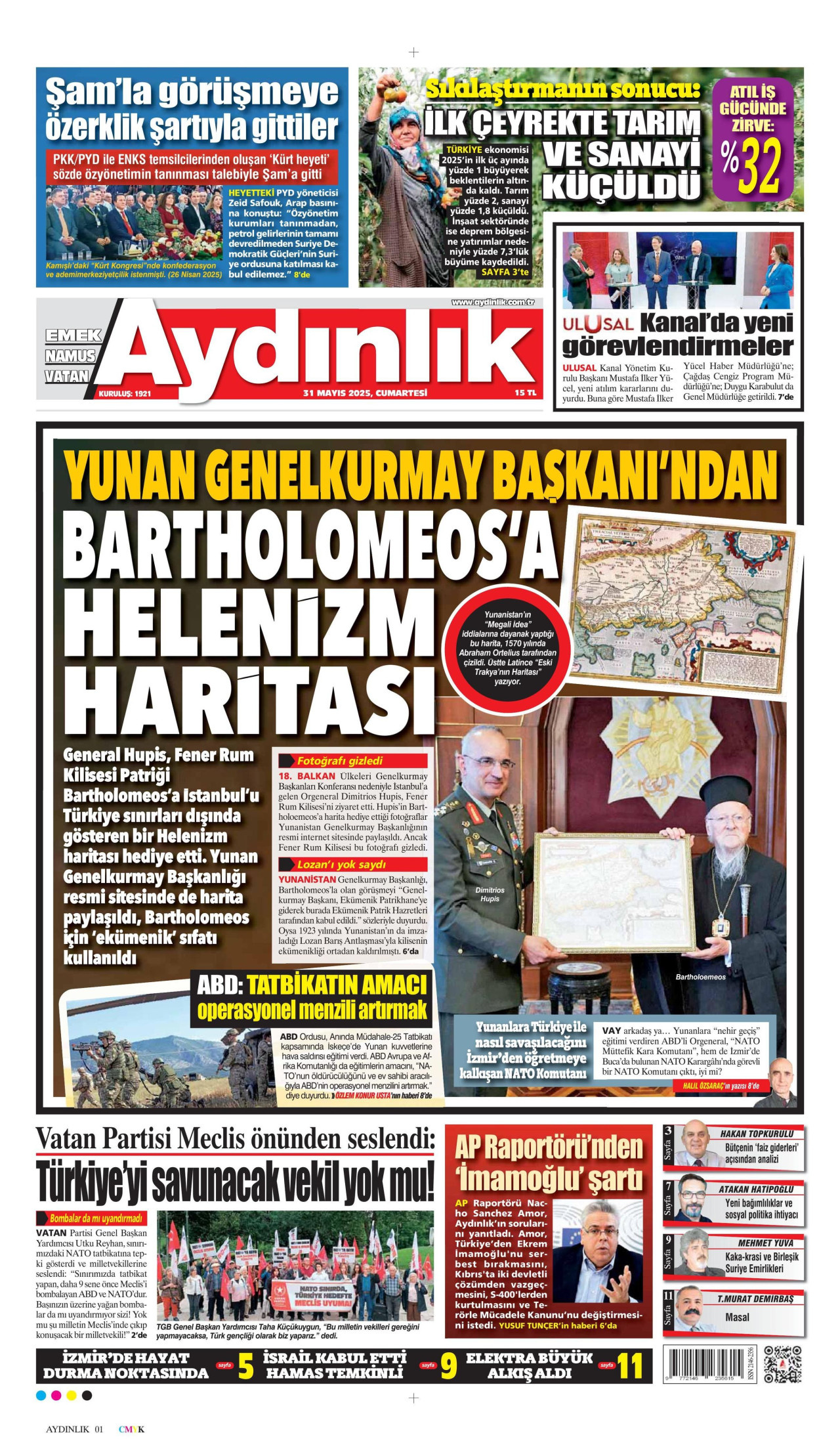 AYDINLIK GAZETESİ gazetesinin 31 Mayıs 2025 tarihli birinci sayfası