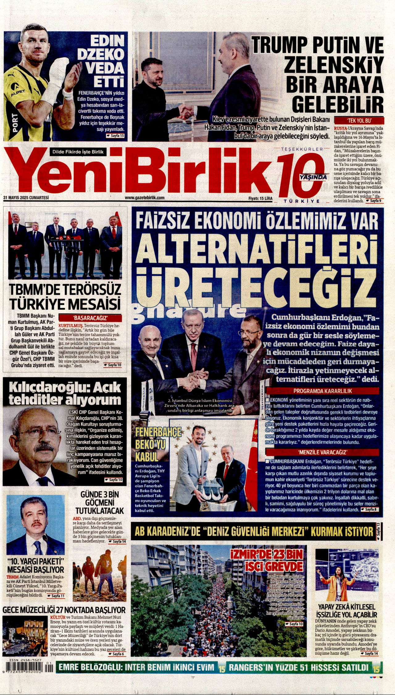 YENİBİRLİK gazetesinin 31 Mayıs 2025 tarihli birinci sayfası