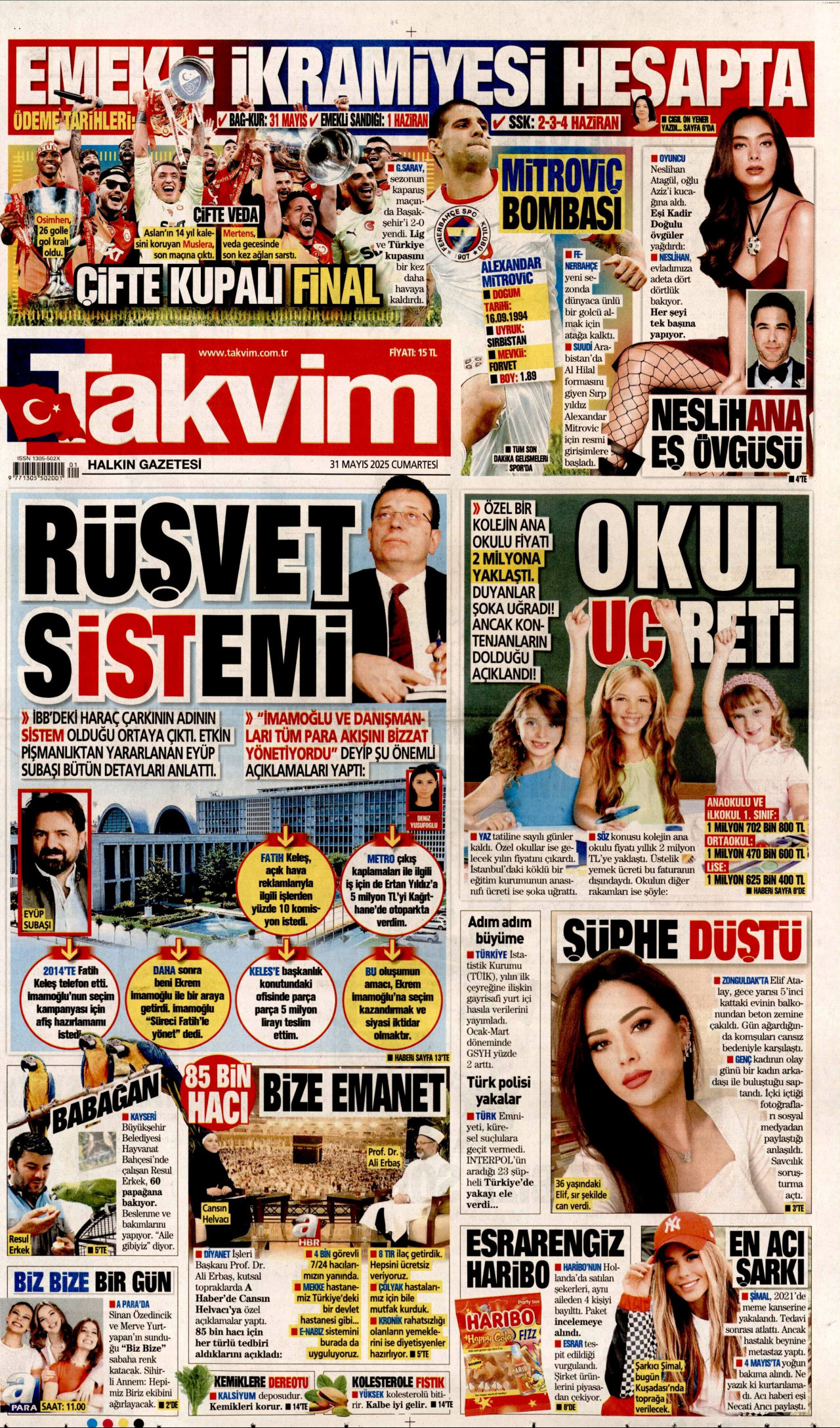 TAKVİM gazetesinin 31 Mayıs 2025 tarihli birinci sayfası