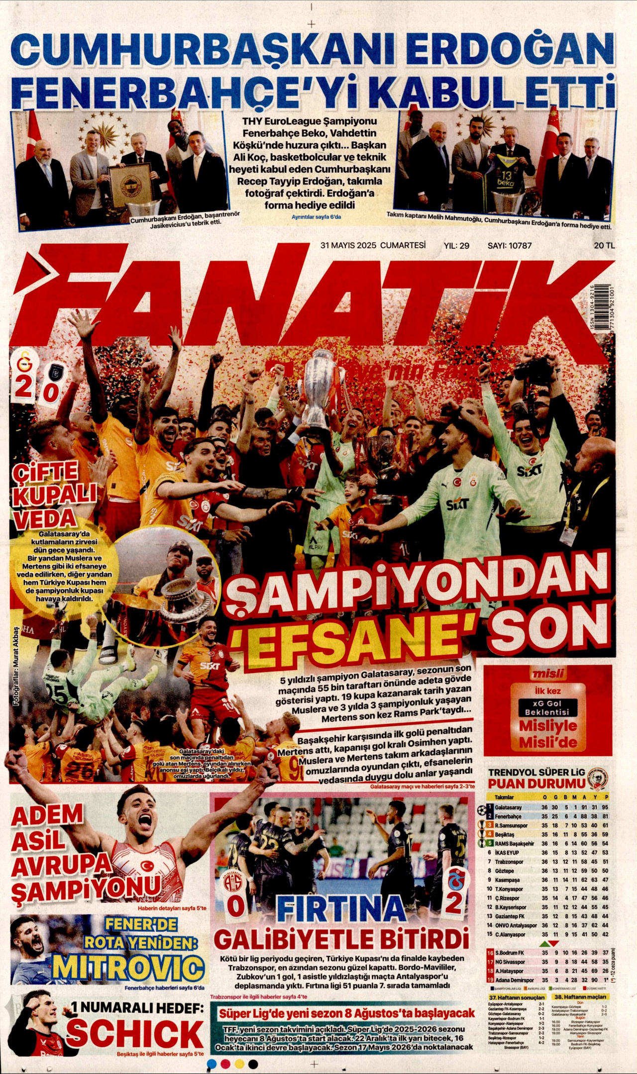 FANATİK gazetesinin 31 Mayıs 2025 tarihli birinci sayfası