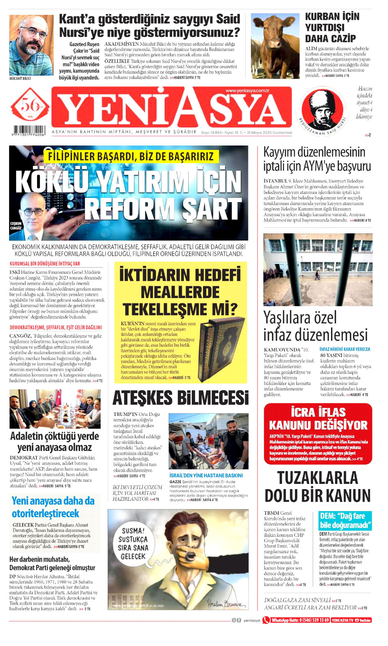 YENİ ASYA gazetesinin 31 Mayıs 2025 tarihli birinci sayfası