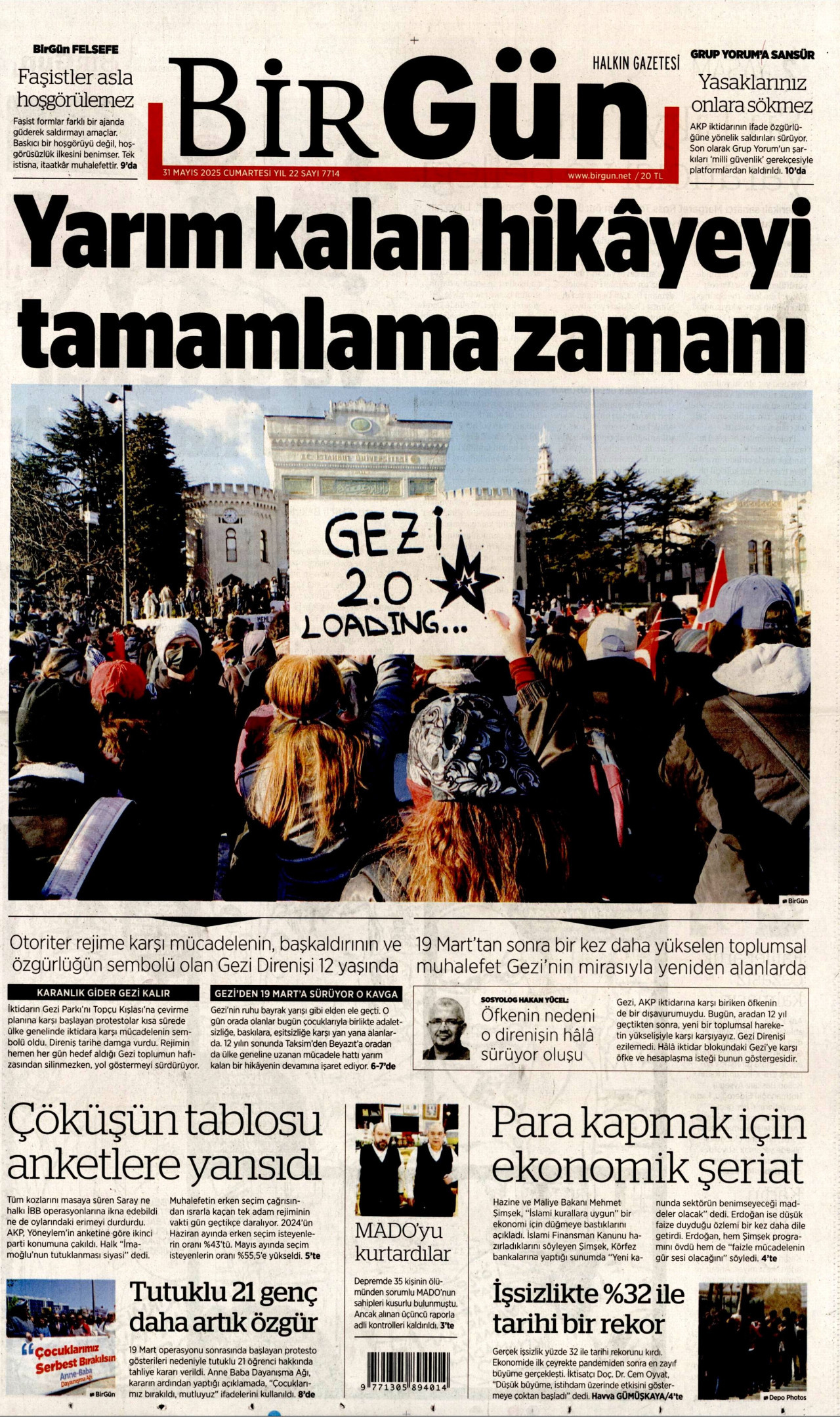 BİRGÜN gazetesinin 31 Mayıs 2025 tarihli birinci sayfası