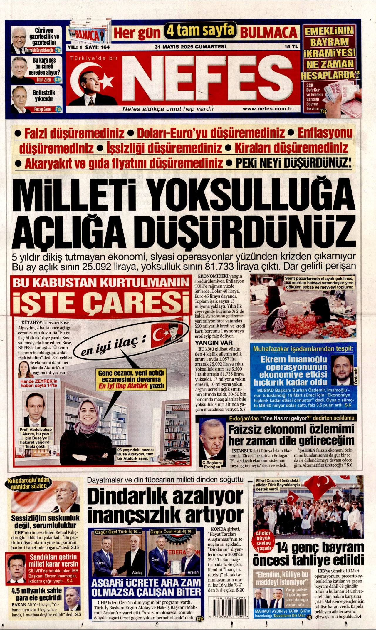 NEFES gazetesinin 31 Mayıs 2025 tarihli birinci sayfası
