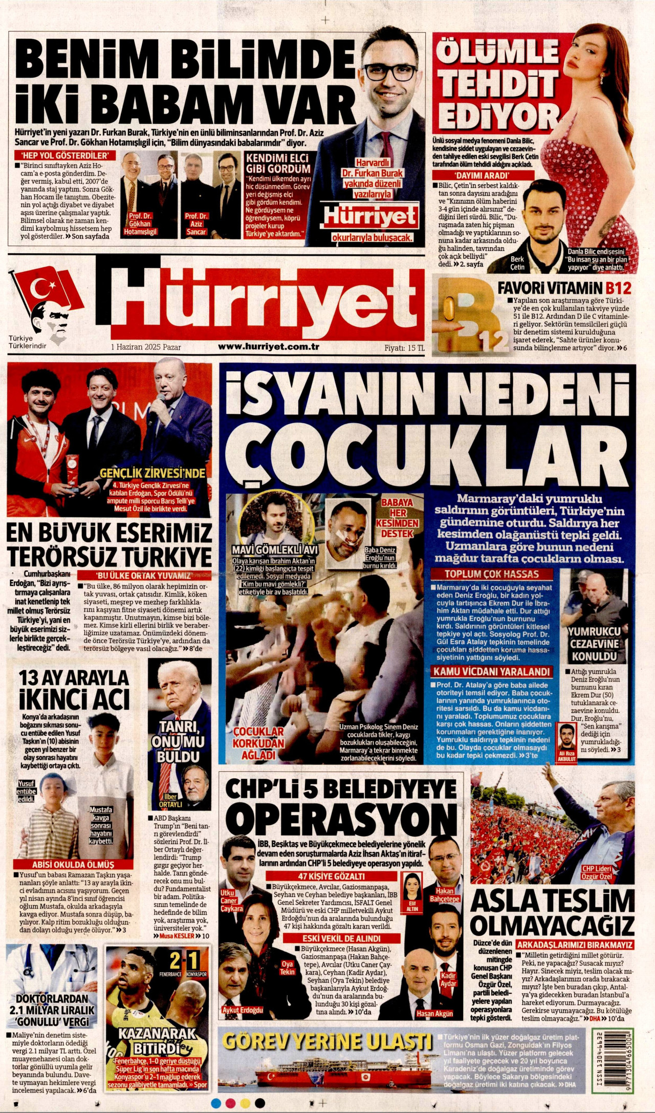 HÜRRİYET gazetesinin 1 Haziran 2025 tarihli birinci sayfası