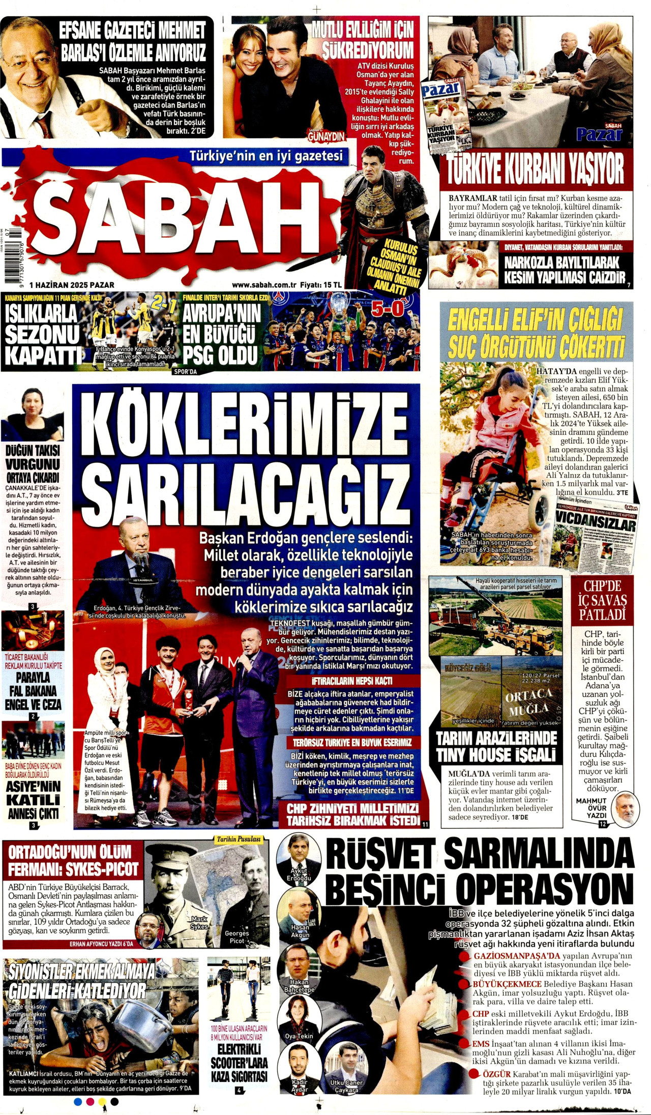 SABAH gazetesinin 1 Haziran 2025 tarihli birinci sayfası