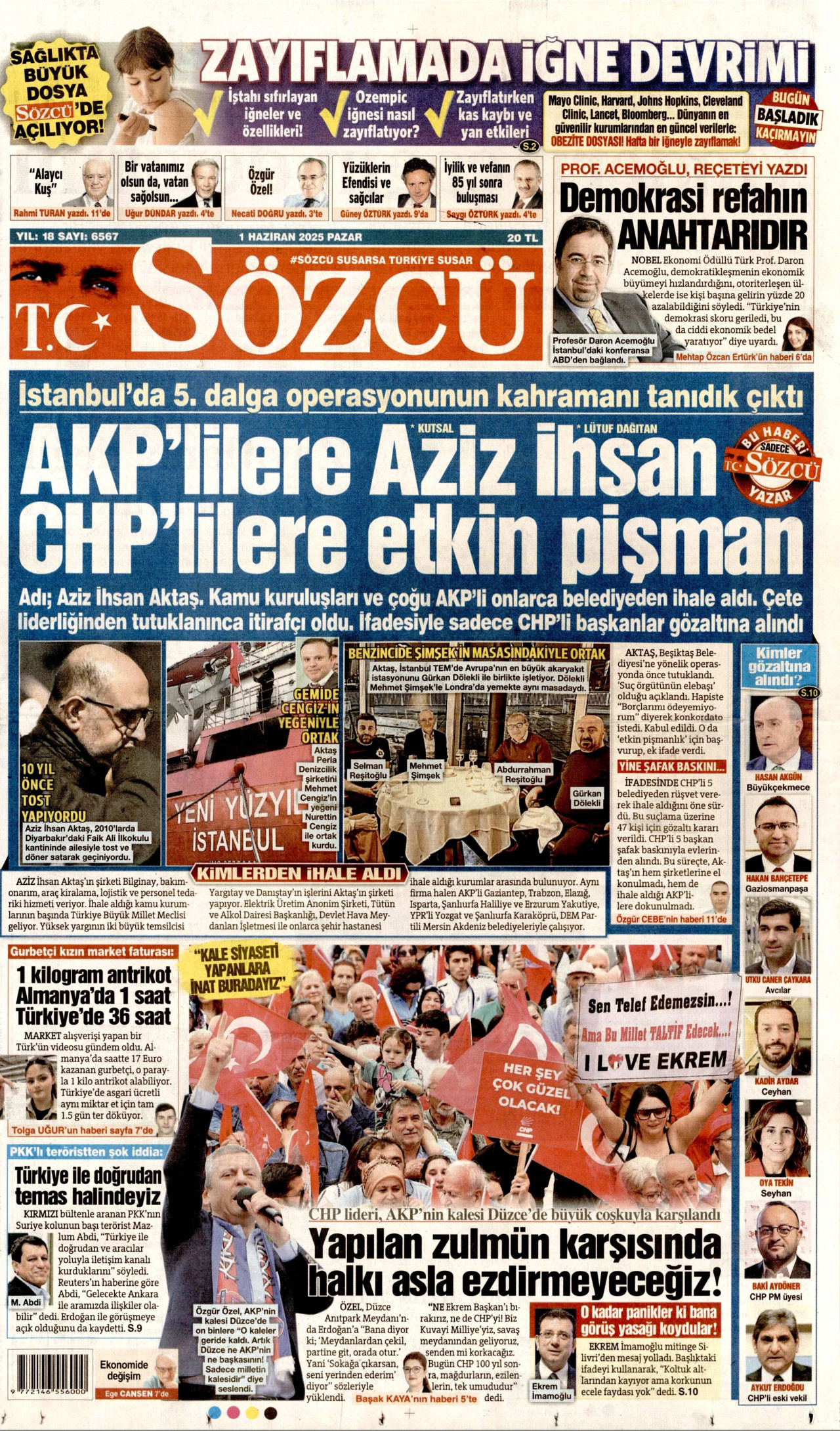SÖZCÜ gazetesinin 1 Haziran 2025 tarihli birinci sayfası