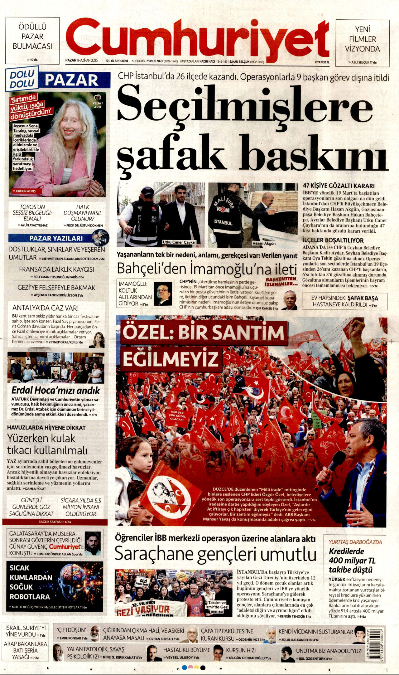 CUMHURİYET gazetesinin 1 Haziran 2025 tarihli birinci sayfası