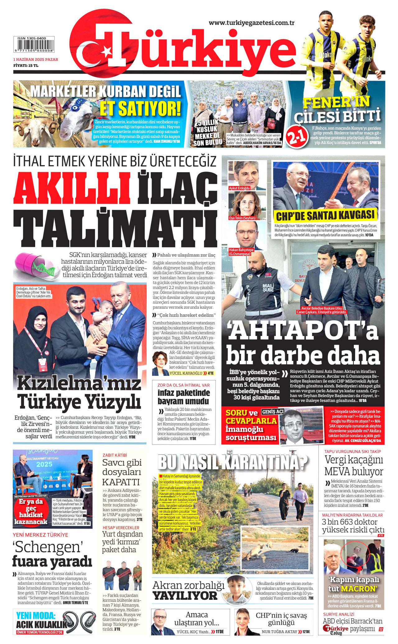 TÜRKİYE GAZETESİ gazetesinin 1 Haziran 2025 tarihli birinci sayfası