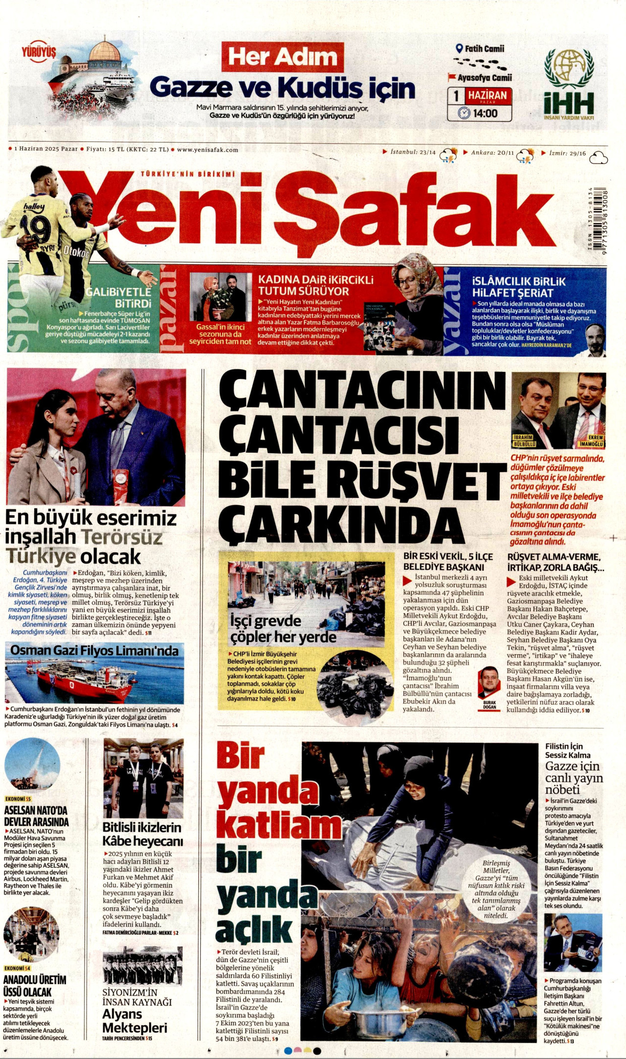 YENİ ŞAFAK gazetesinin 1 Haziran 2025 tarihli birinci sayfası