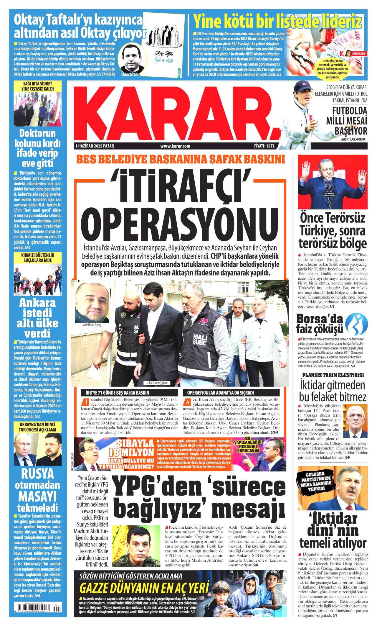 KARAR gazetesinin 1 Haziran 2025 tarihli birinci sayfası