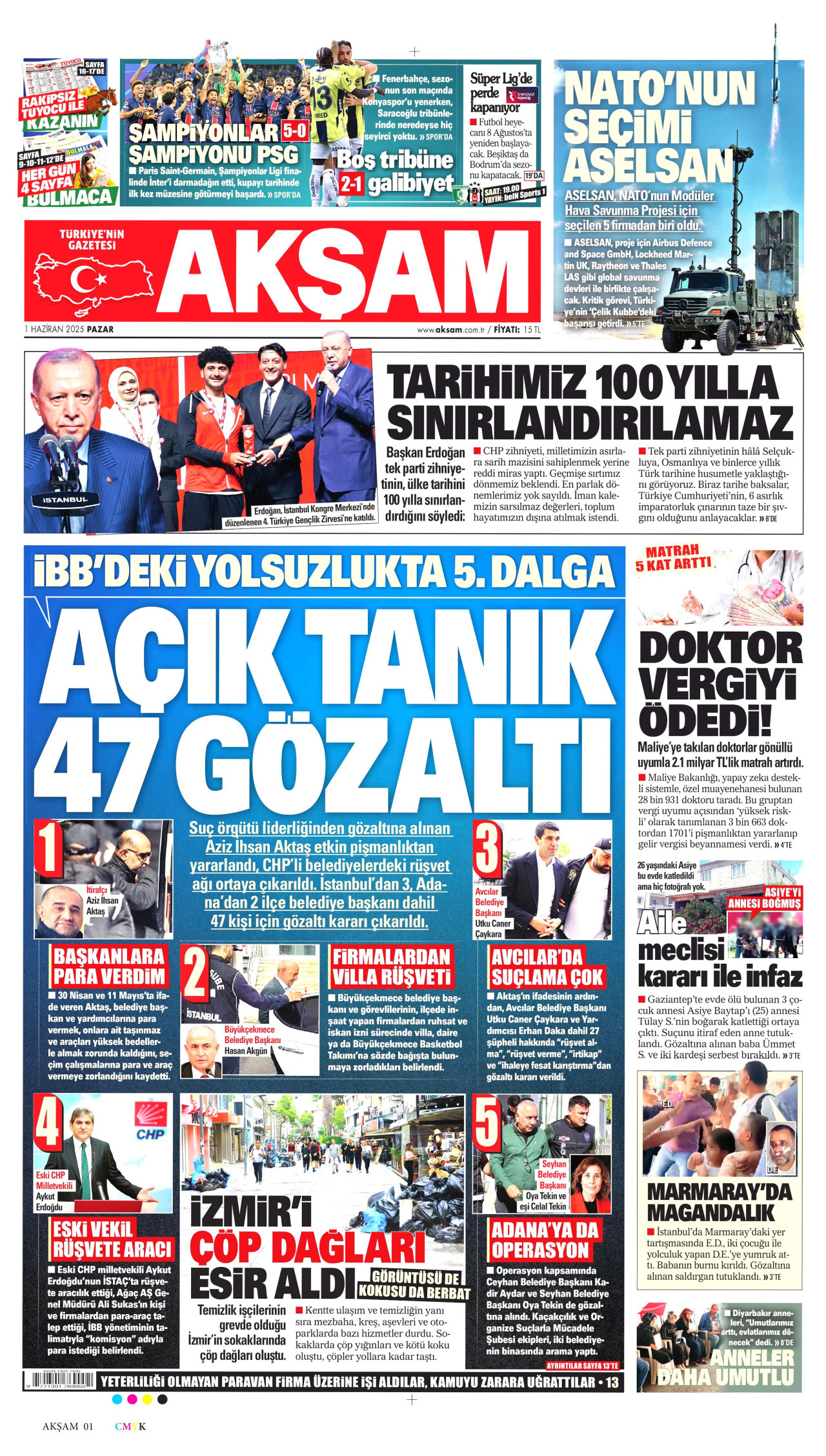 AKŞAM gazetesinin 1 Haziran 2025 tarihli birinci sayfası