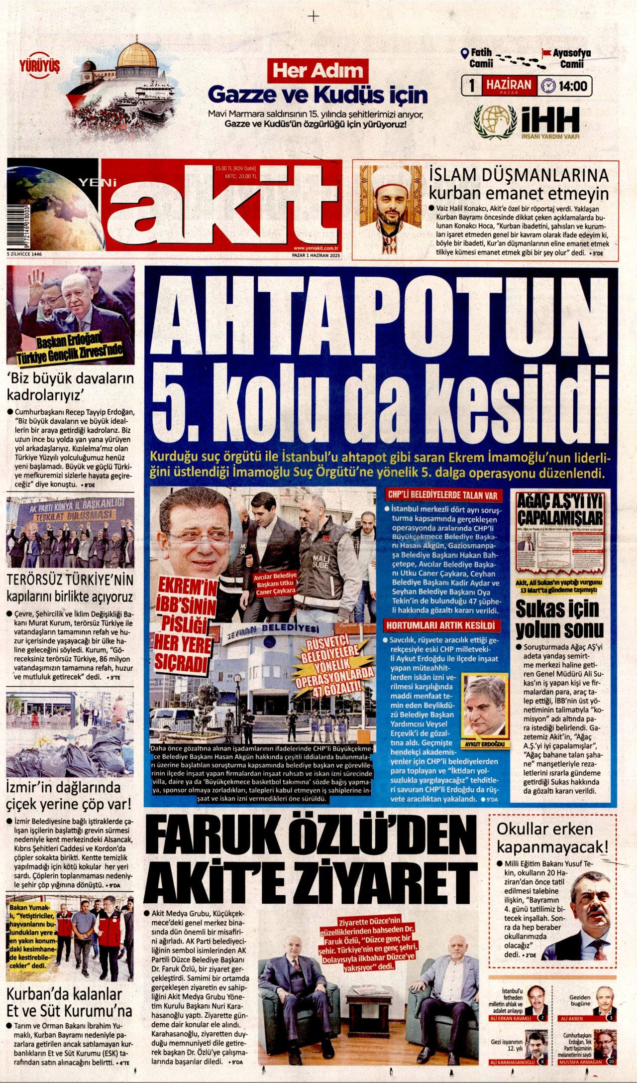 YENİ AKİT gazetesinin 1 Haziran 2025 tarihli birinci sayfası