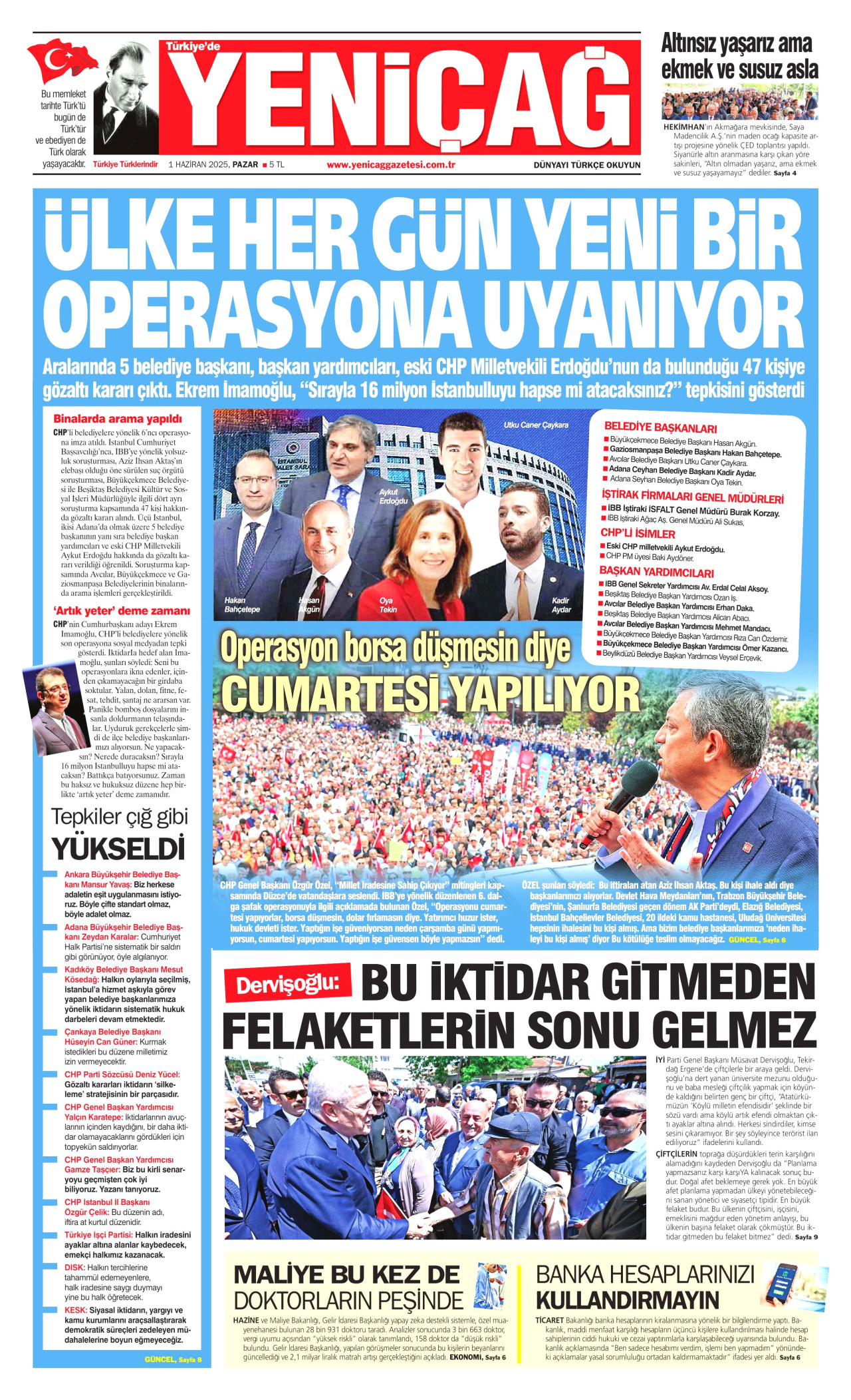 YENİÇAĞ gazetesinin 1 Haziran 2025 tarihli birinci sayfası