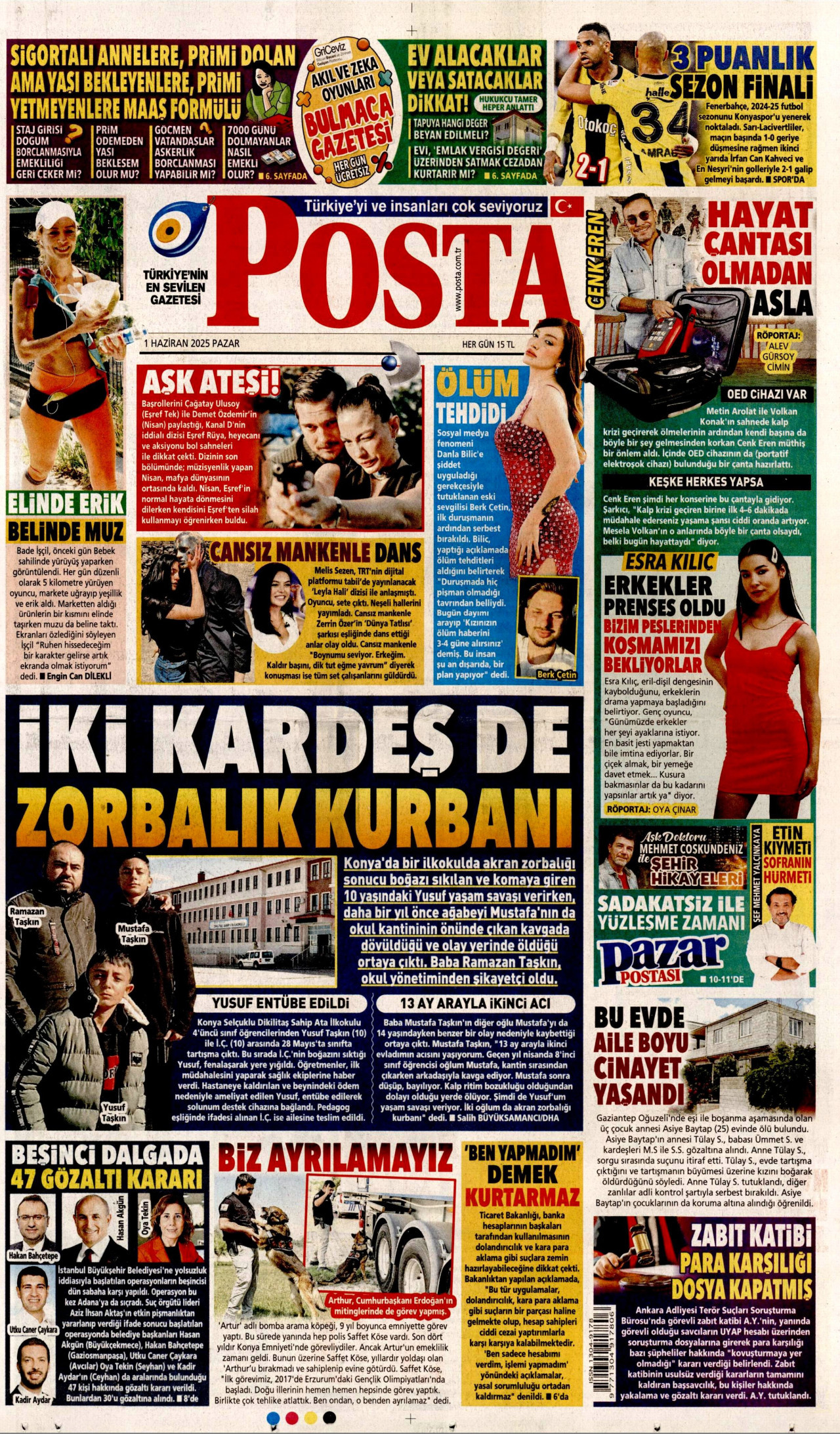 POSTA gazetesinin 1 Haziran 2025 tarihli birinci sayfası