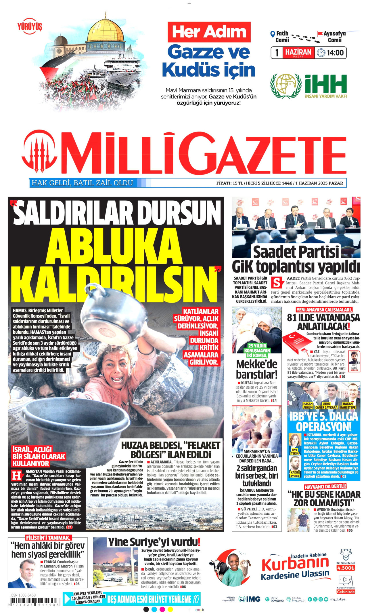 MİLLİ GAZETE gazetesinin 1 Haziran 2025 tarihli birinci sayfası