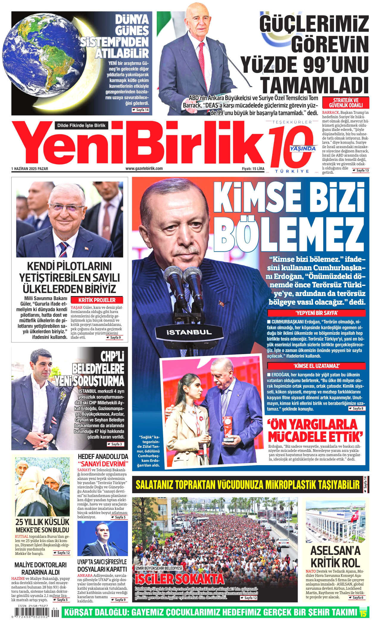 YENİBİRLİK gazetesinin 1 Haziran 2025 tarihli birinci sayfası