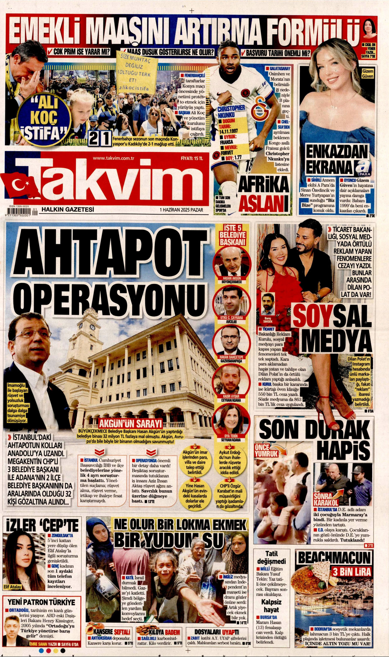 TAKVİM gazetesinin 1 Haziran 2025 tarihli birinci sayfası