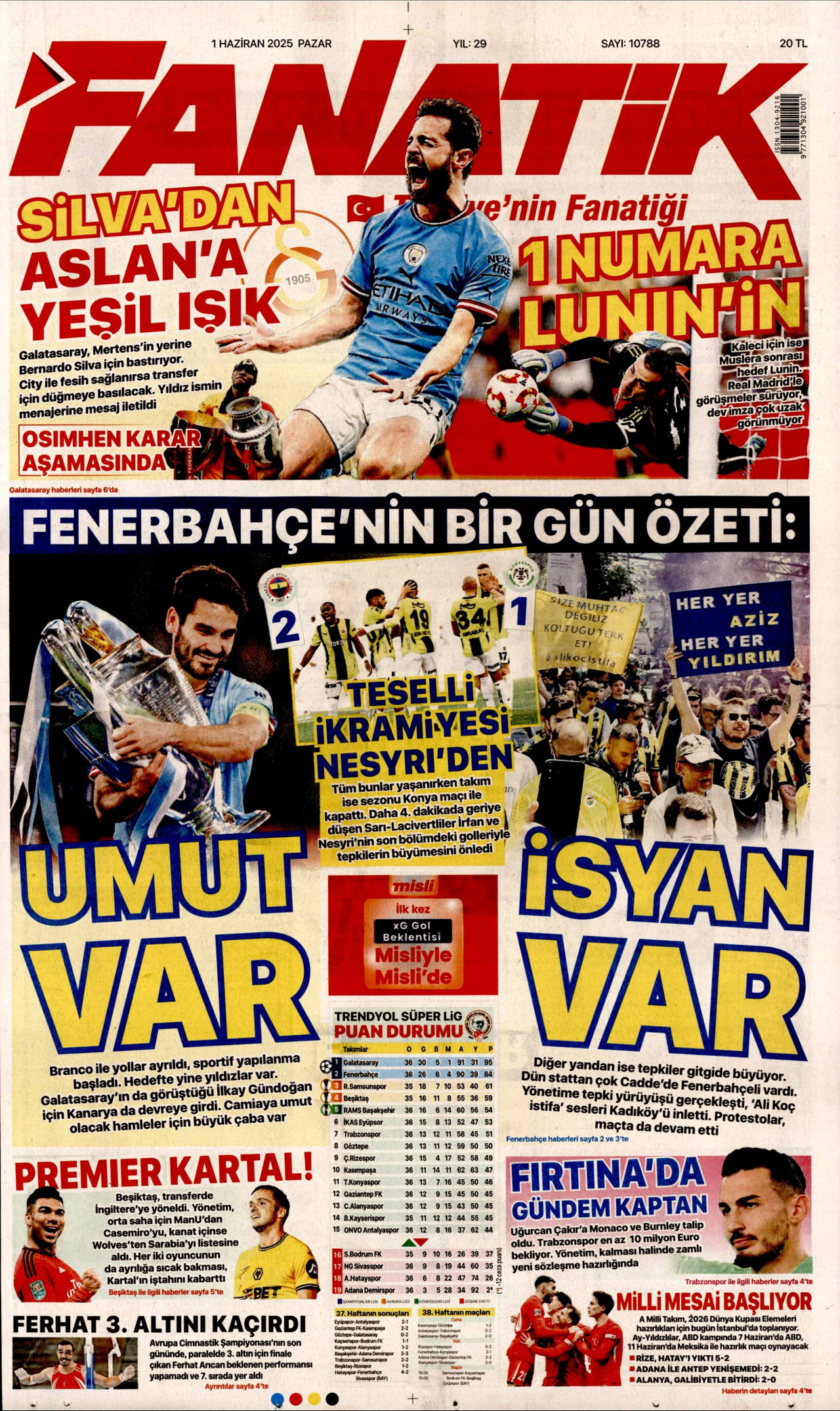 FANATİK gazetesinin 1 Haziran 2025 tarihli birinci sayfası