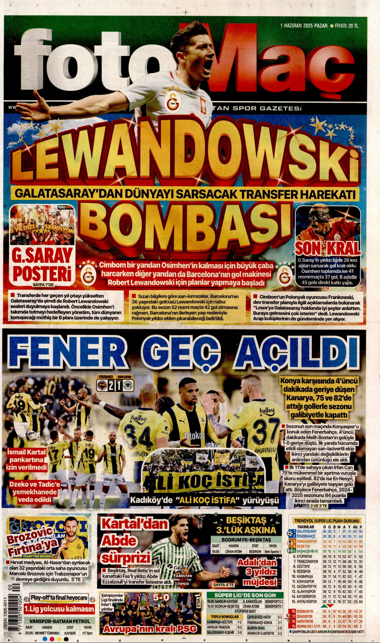 FOTOMAÇ gazetesinin 1 Haziran 2025 tarihli birinci sayfası