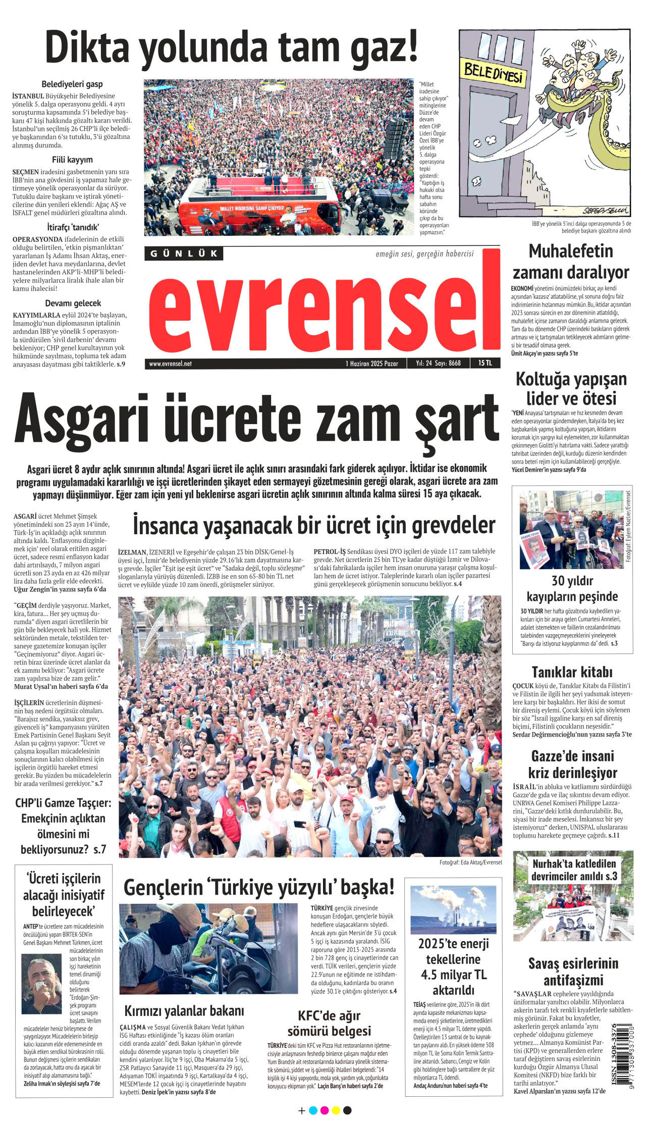 EVRENSEL gazetesinin 1 Haziran 2025 tarihli birinci sayfası