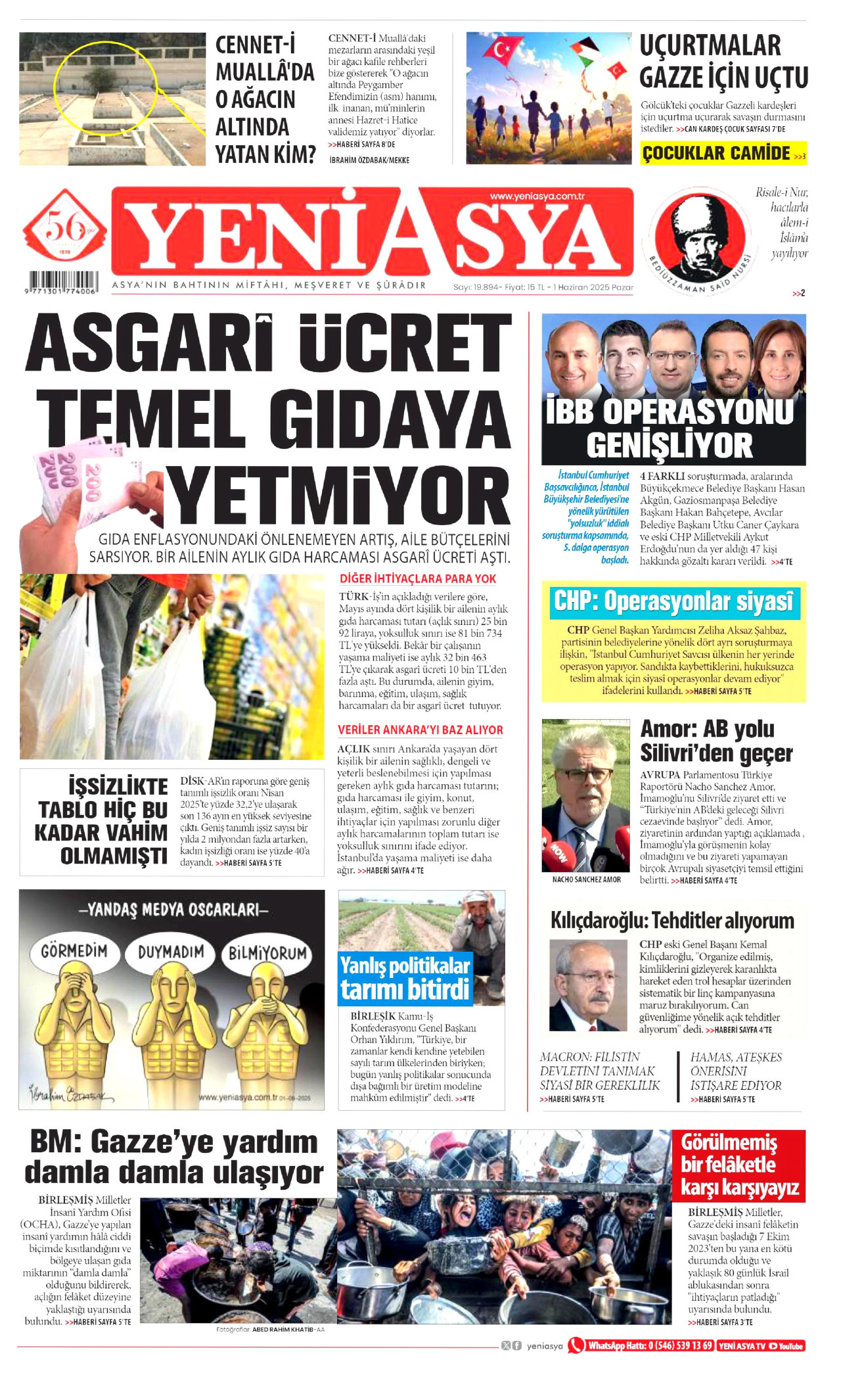 YENİ ASYA gazetesinin 1 Haziran 2025 tarihli birinci sayfası