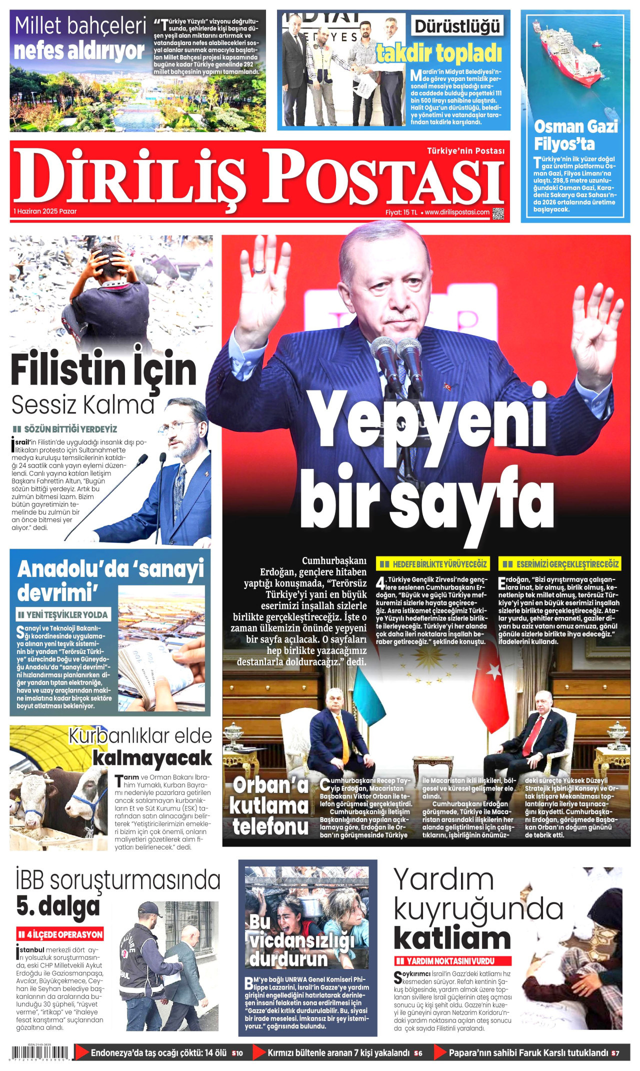 DİRİLİŞ POSTASI gazetesinin 1 Haziran 2025 tarihli birinci sayfası