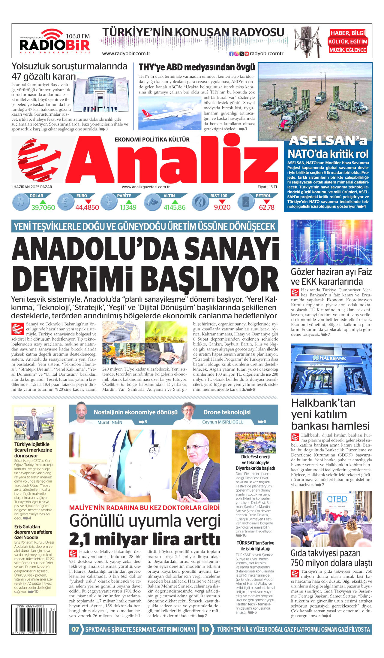 ANALİZ gazetesinin 1 Haziran 2025 tarihli birinci sayfası