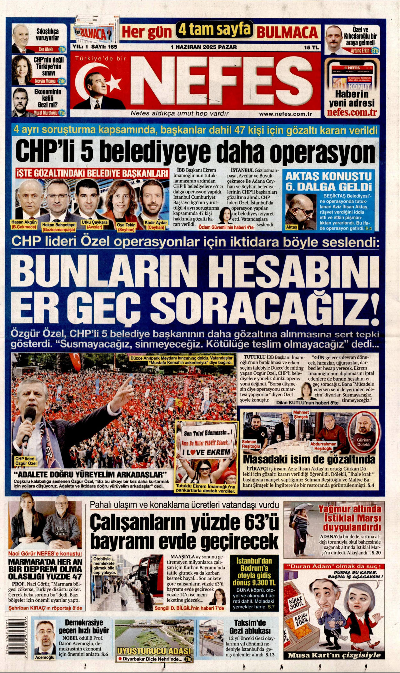 NEFES gazetesinin 1 Haziran 2025 tarihli birinci sayfası