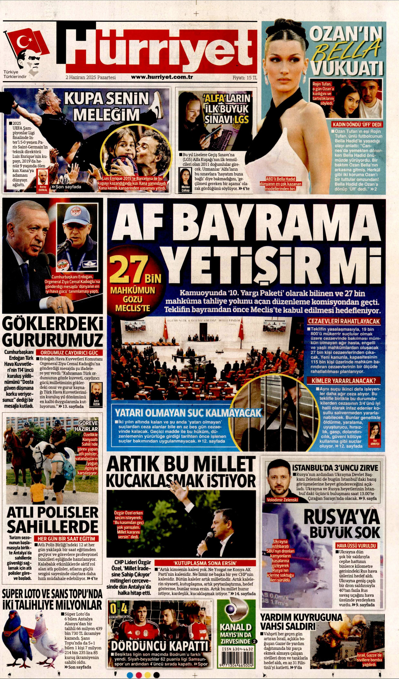 HÜRRİYET gazetesinin 2 Haziran 2025 tarihli birinci sayfası