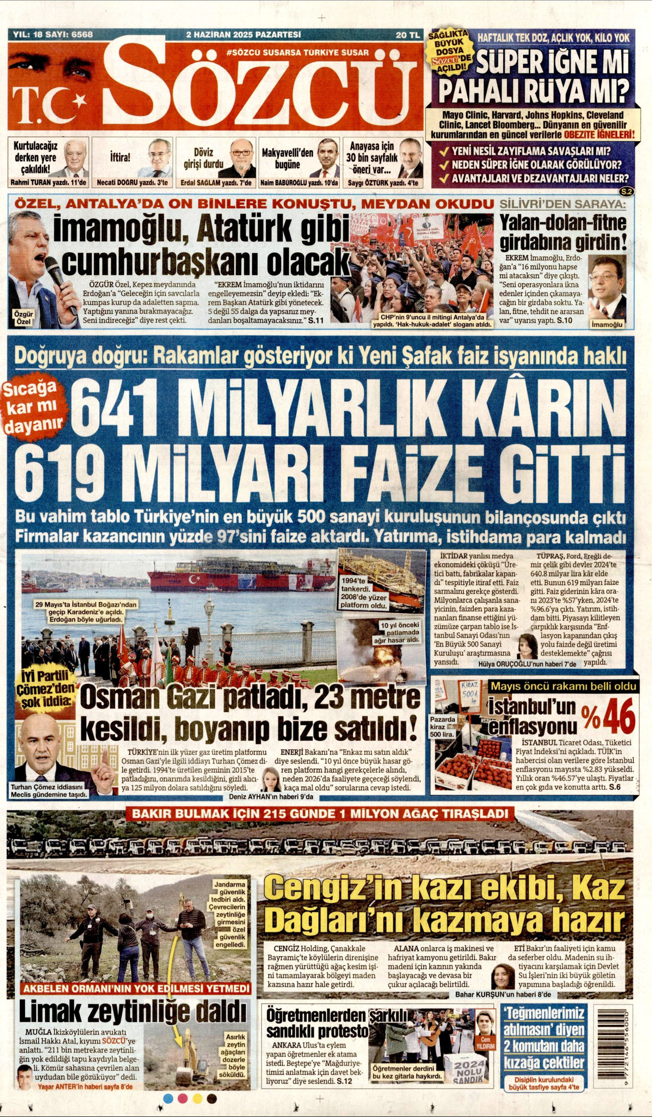SÖZCÜ gazetesinin 2 Haziran 2025 tarihli birinci sayfası
