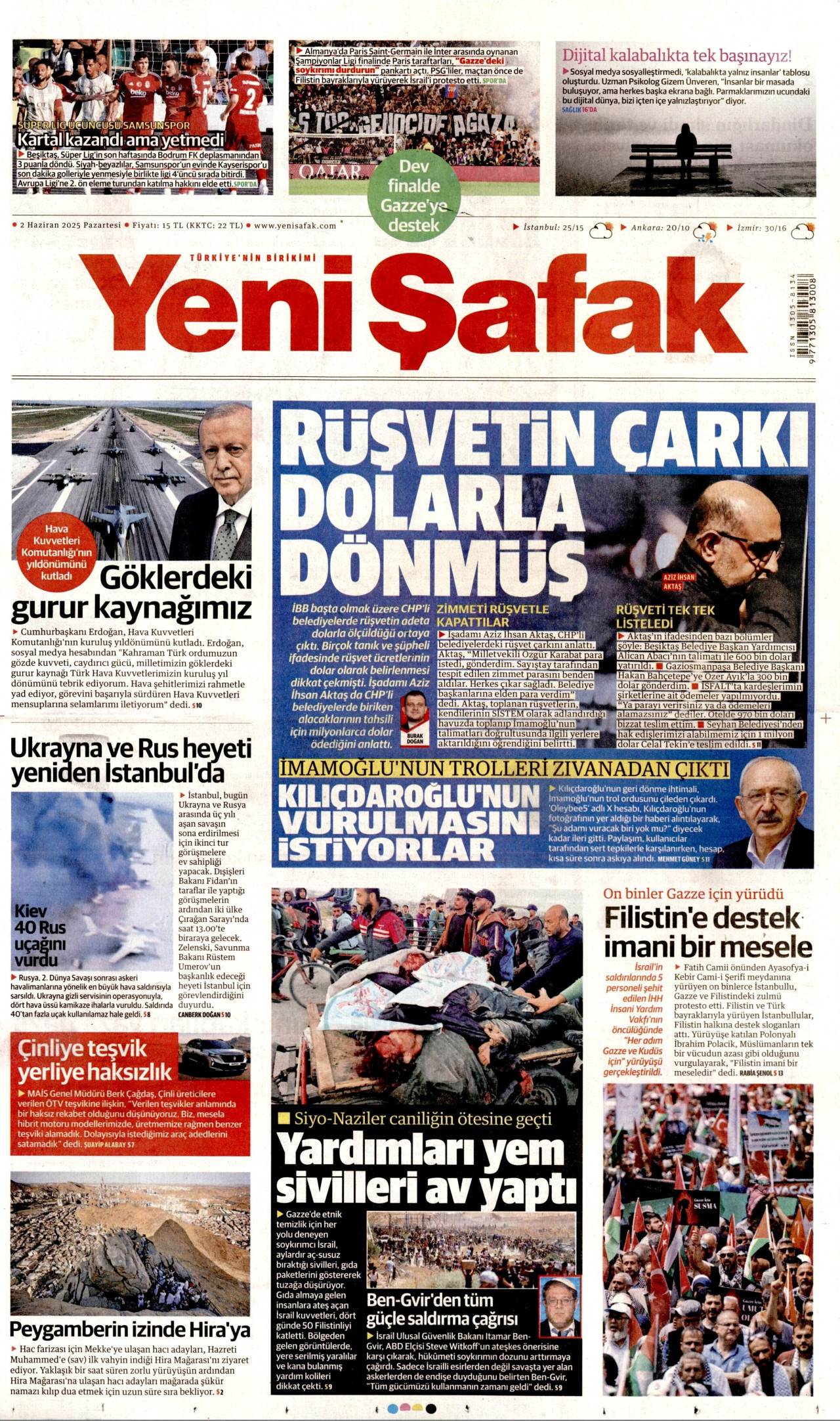 YENİ ŞAFAK gazetesinin 2 Haziran 2025 tarihli birinci sayfası