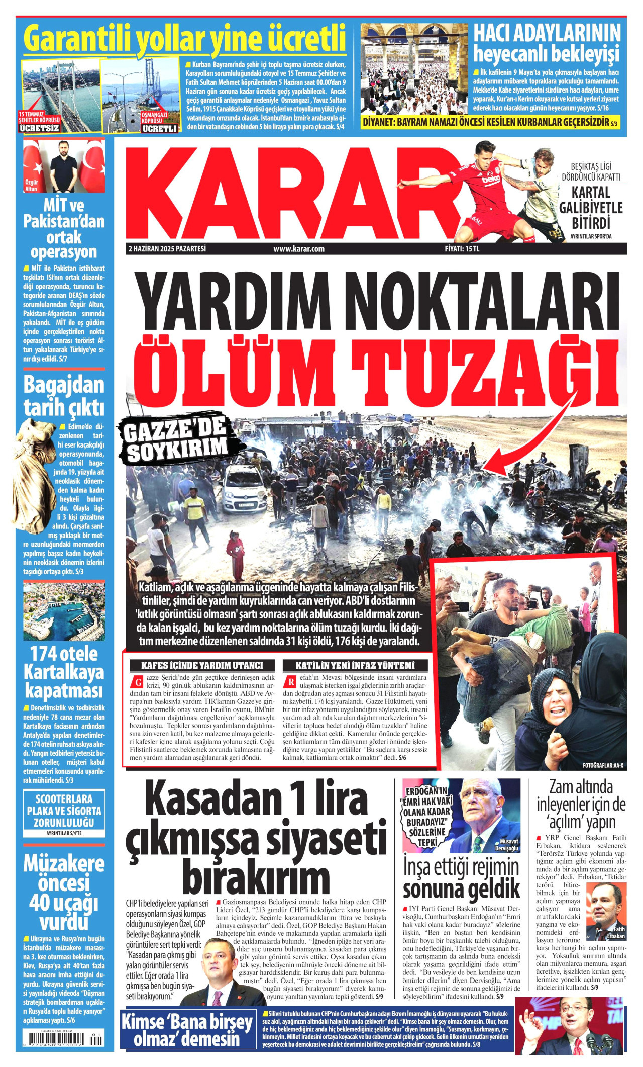 KARAR gazetesinin 2 Haziran 2025 tarihli birinci sayfası