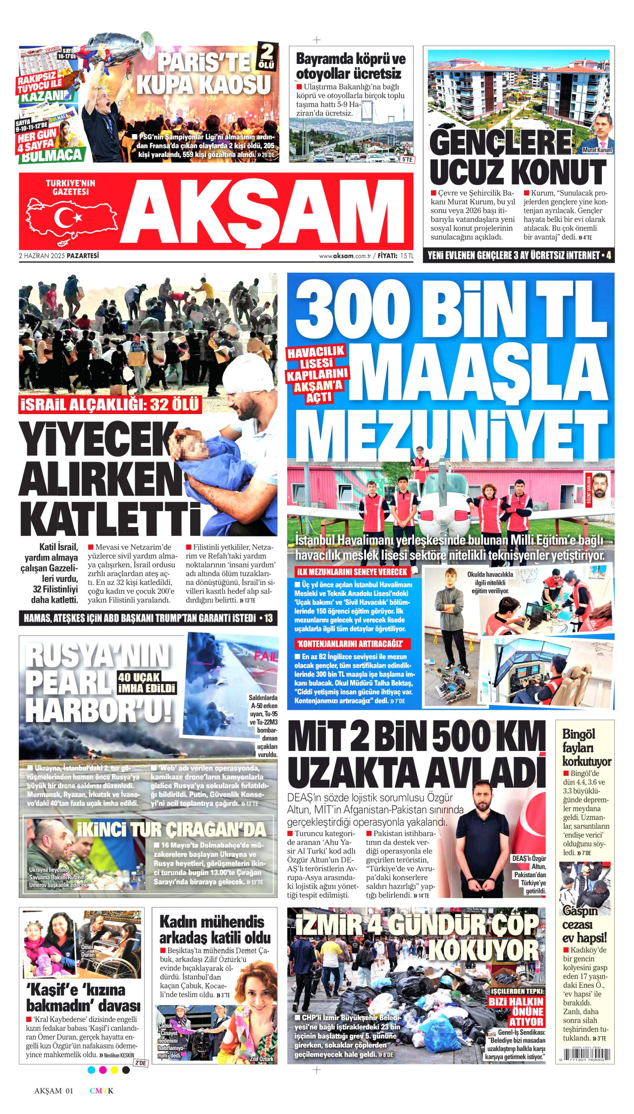 AKŞAM gazetesinin 2 Haziran 2025 tarihli birinci sayfası