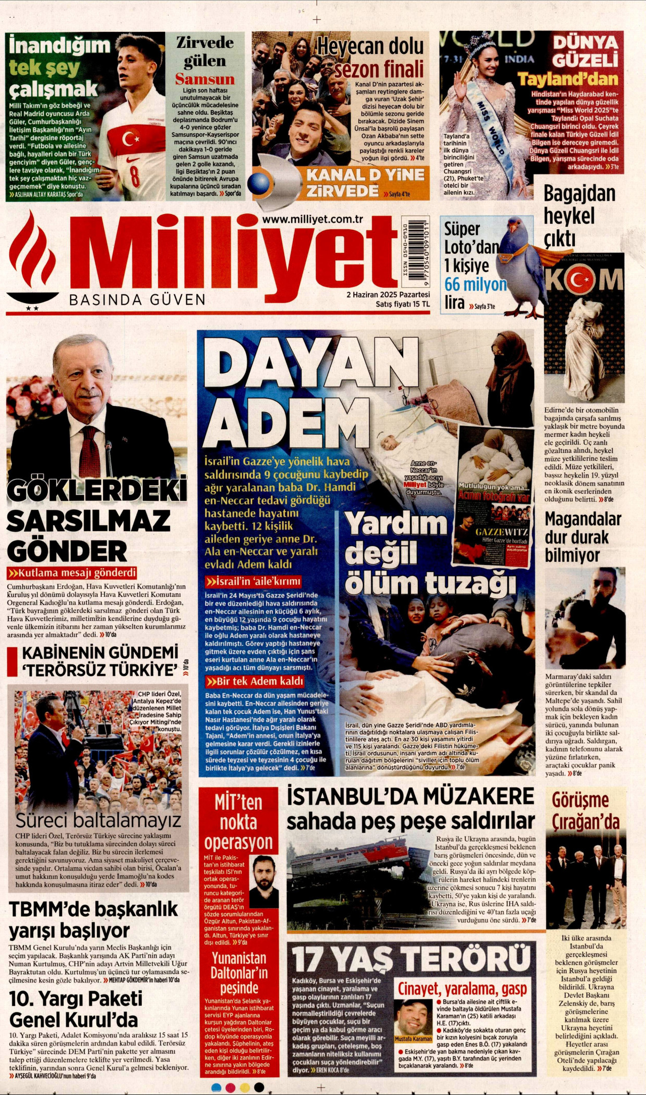 MİLLİYET gazetesinin 2 Haziran 2025 tarihli birinci sayfası