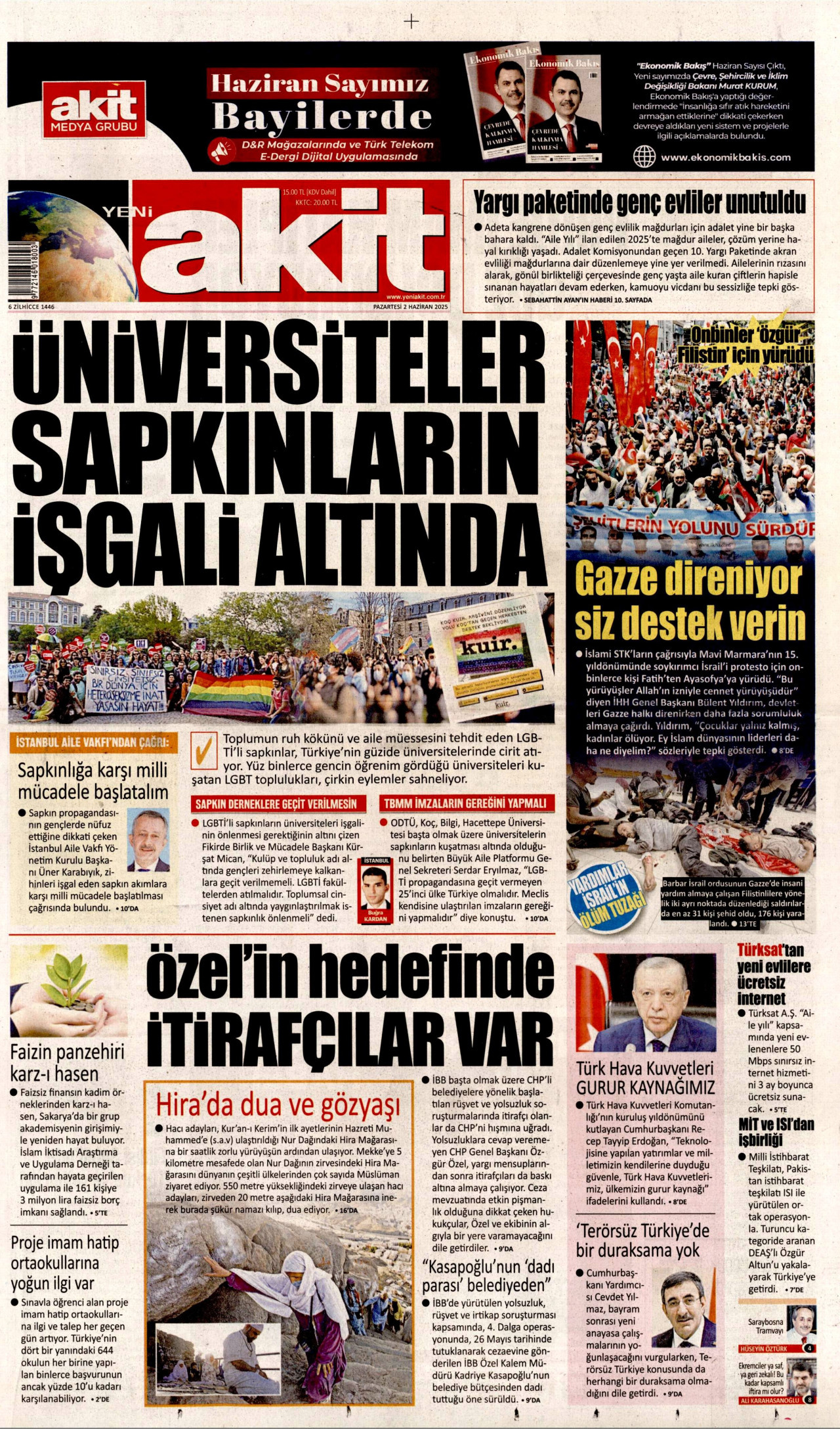 YENİ AKİT gazetesinin 2 Haziran 2025 tarihli birinci sayfası