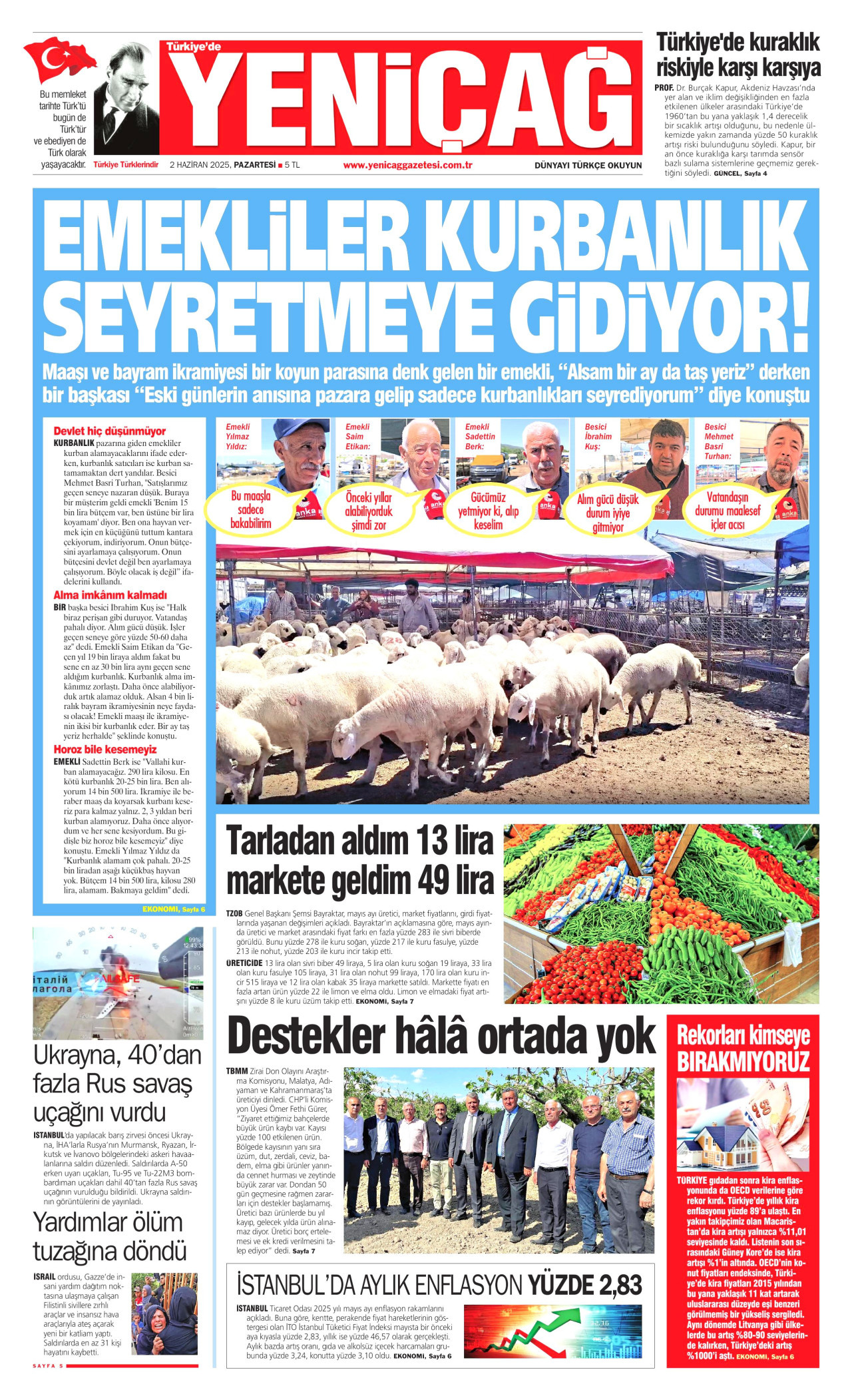 YENİÇAĞ gazetesinin 2 Haziran 2025 tarihli birinci sayfası