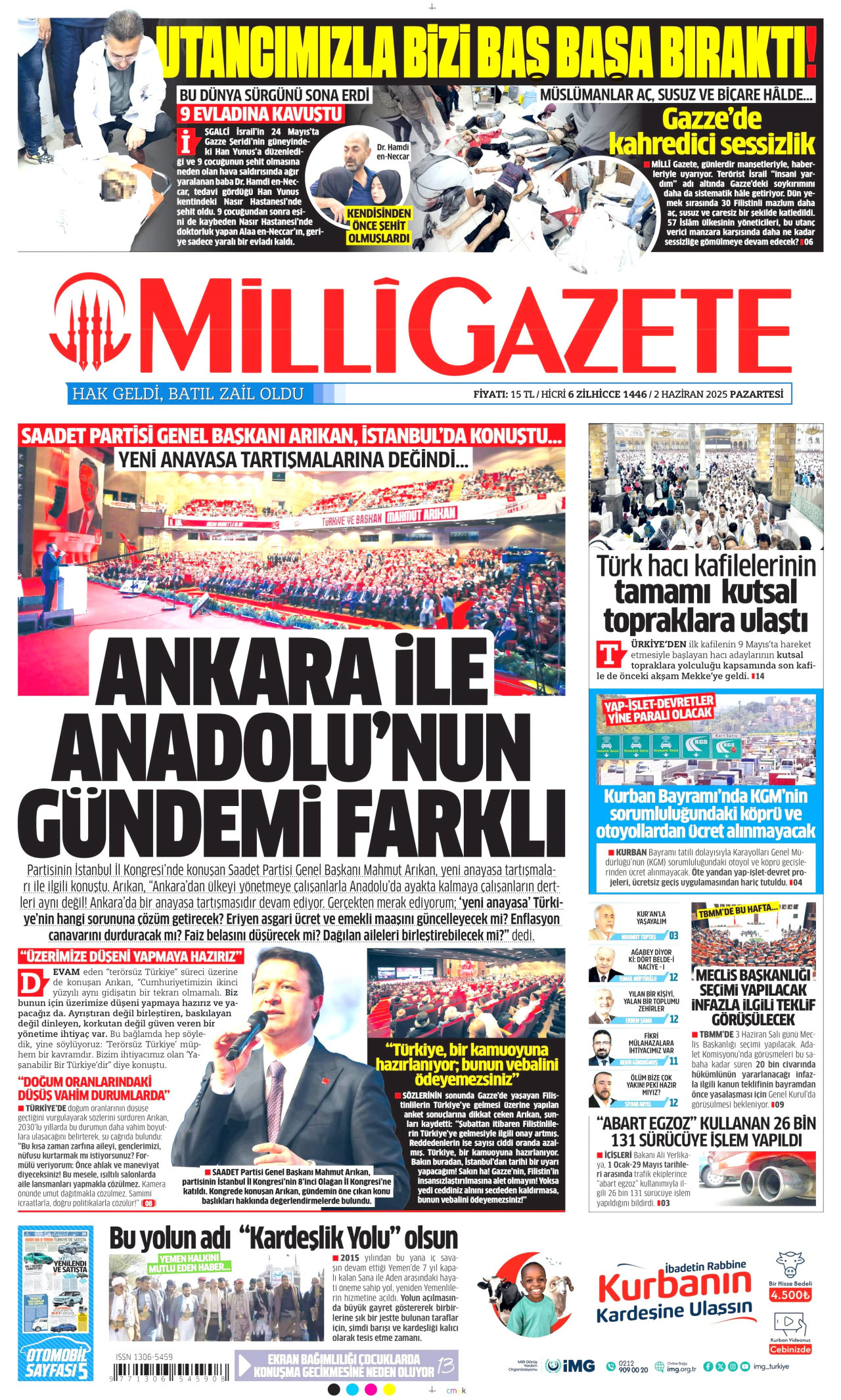 MİLLİ GAZETE gazetesinin 2 Haziran 2025 tarihli birinci sayfası