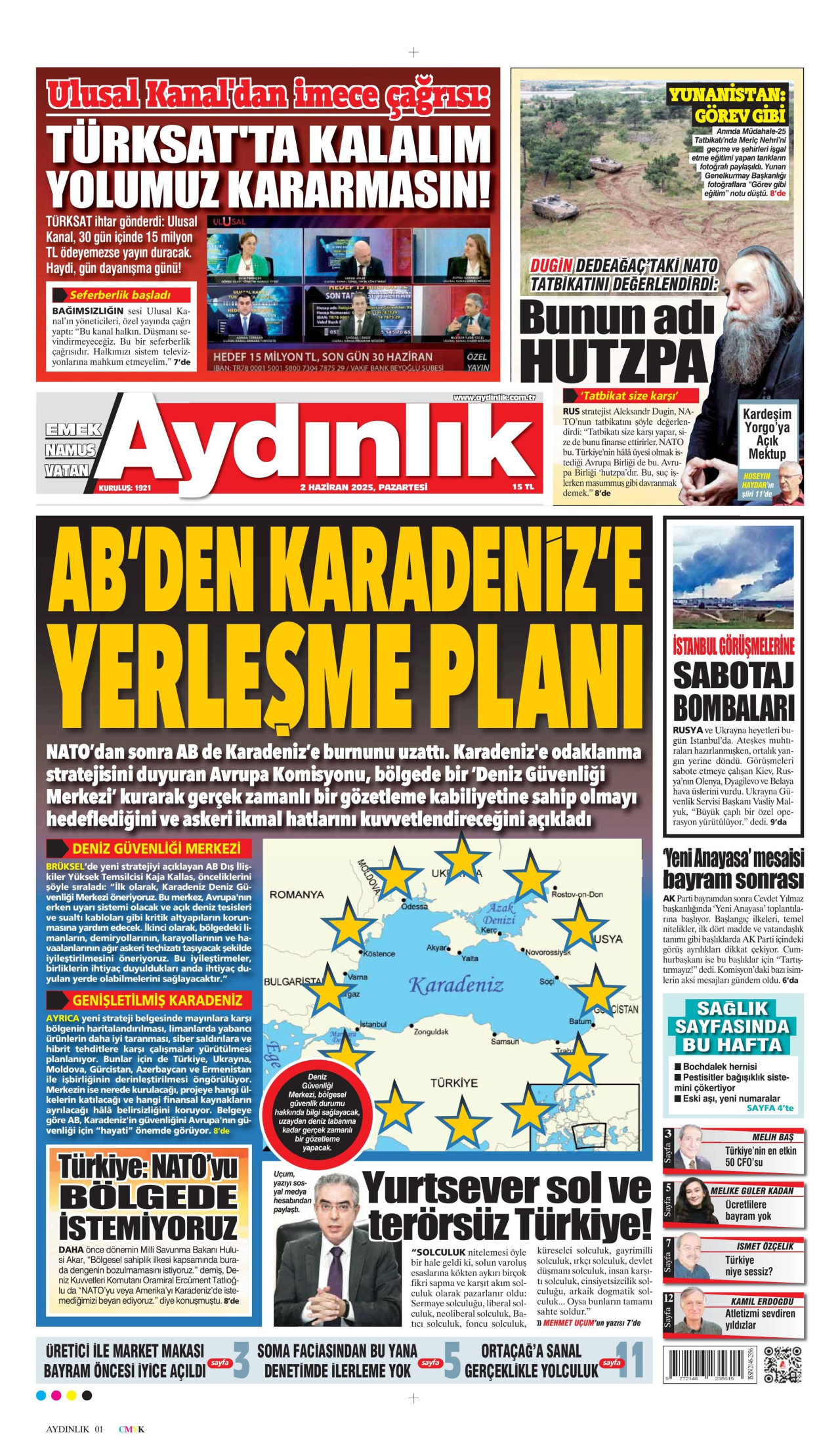 AYDINLIK GAZETESİ gazetesinin 2 Haziran 2025 tarihli birinci sayfası