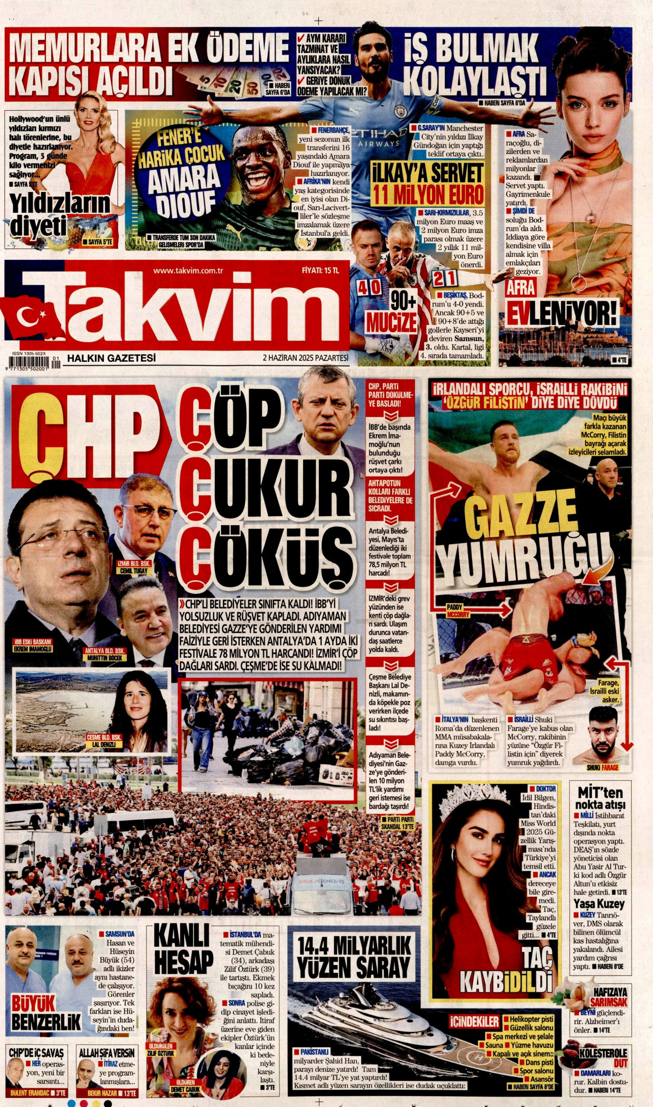 TAKVİM gazetesinin 2 Haziran 2025 tarihli birinci sayfası