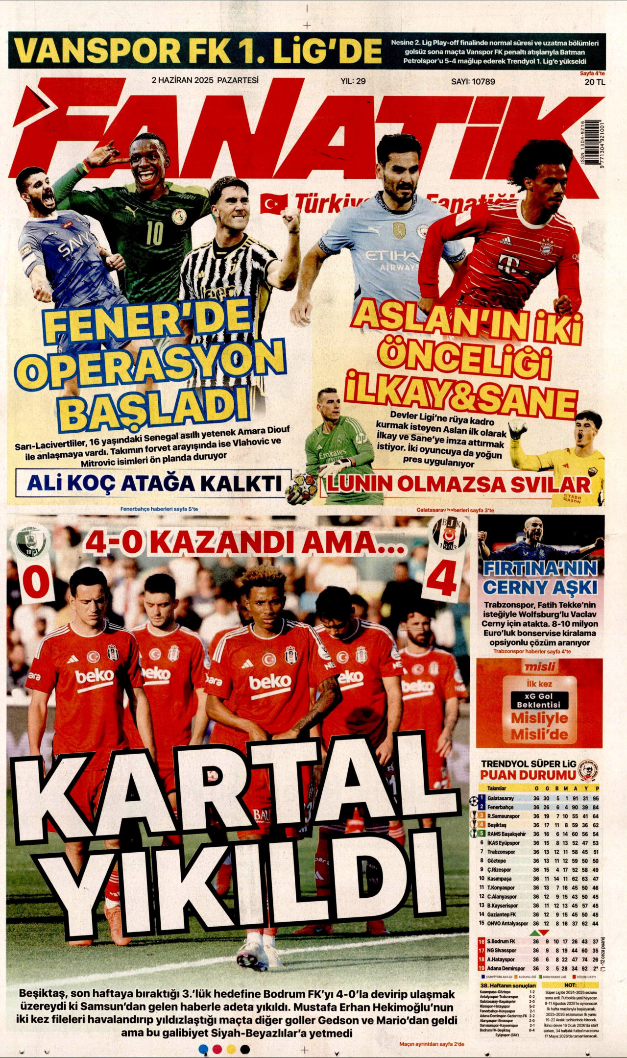FANATİK gazetesinin 2 Haziran 2025 tarihli birinci sayfası