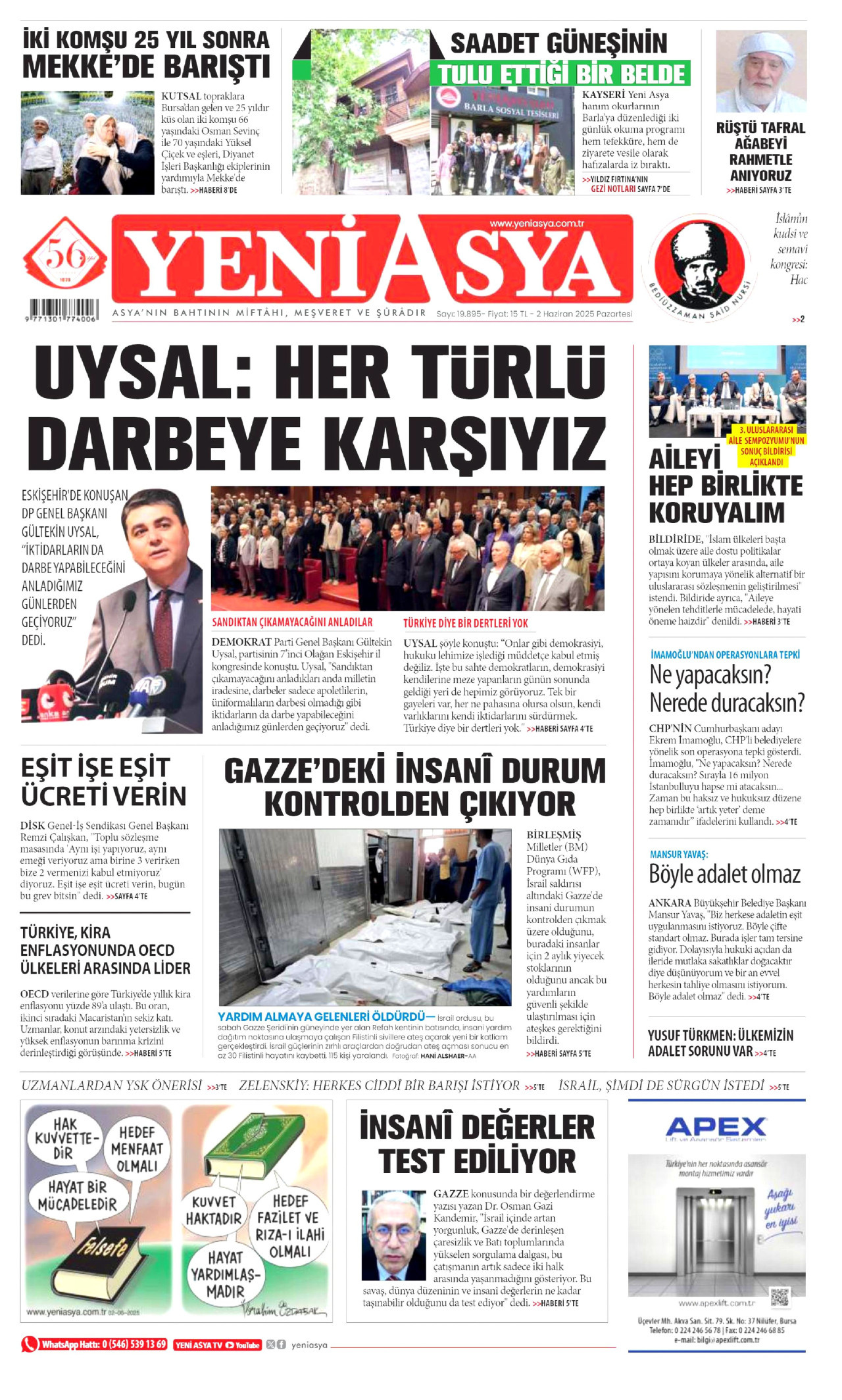 YENİ ASYA gazetesinin 2 Haziran 2025 tarihli birinci sayfası