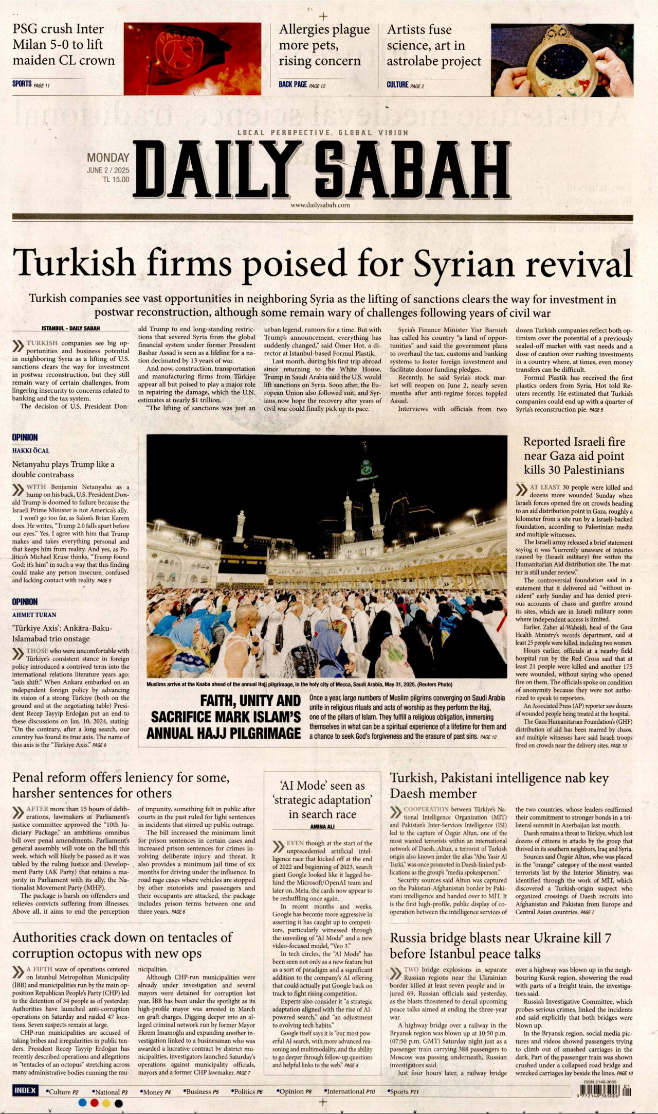 DAİLY SABAH gazetesinin 2 Haziran 2025 tarihli birinci sayfası